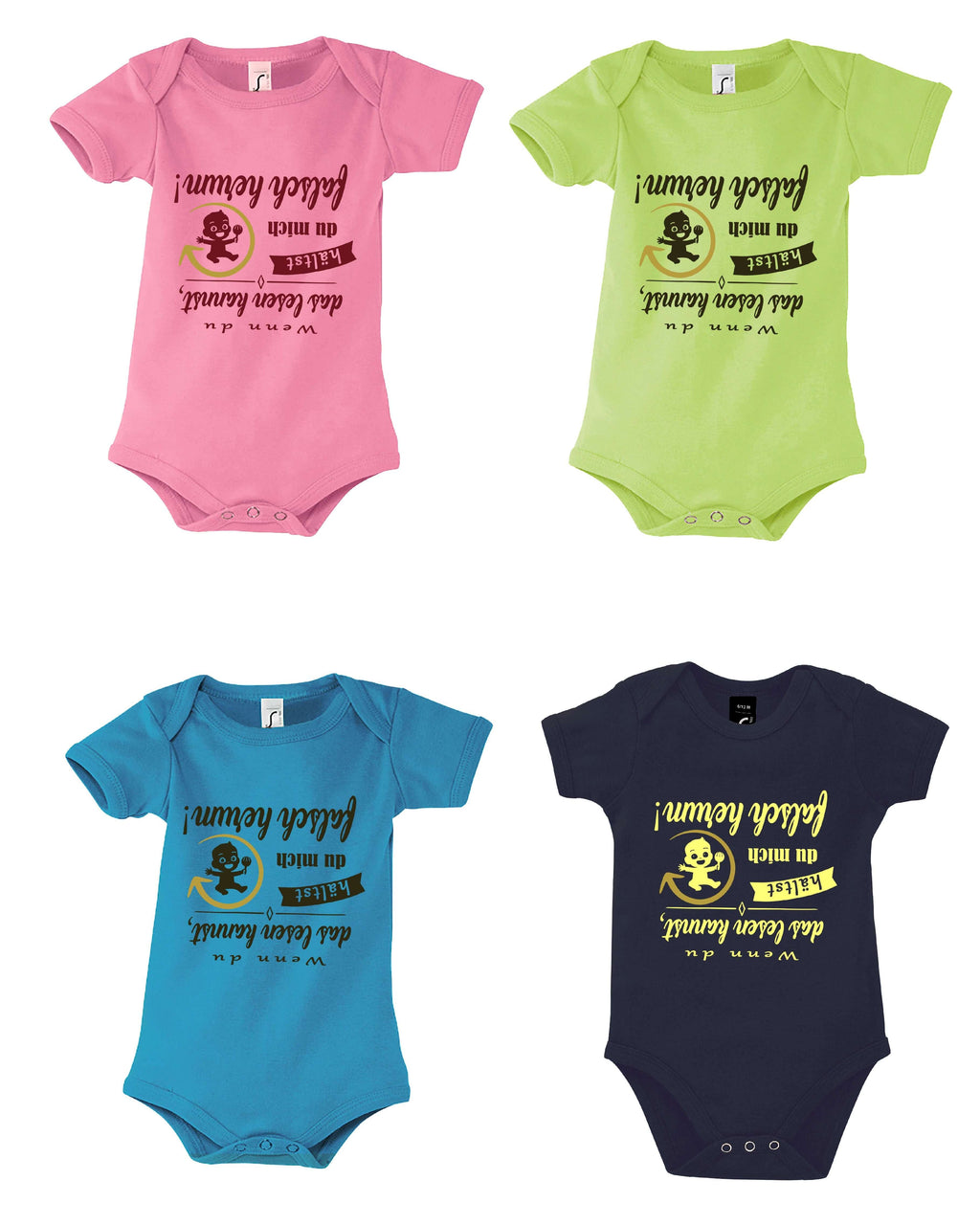 Farbübersicht Babybodys bedruckt mit Wenn du das lesen kannst hältst du mich falsch herum in dunkeloliv