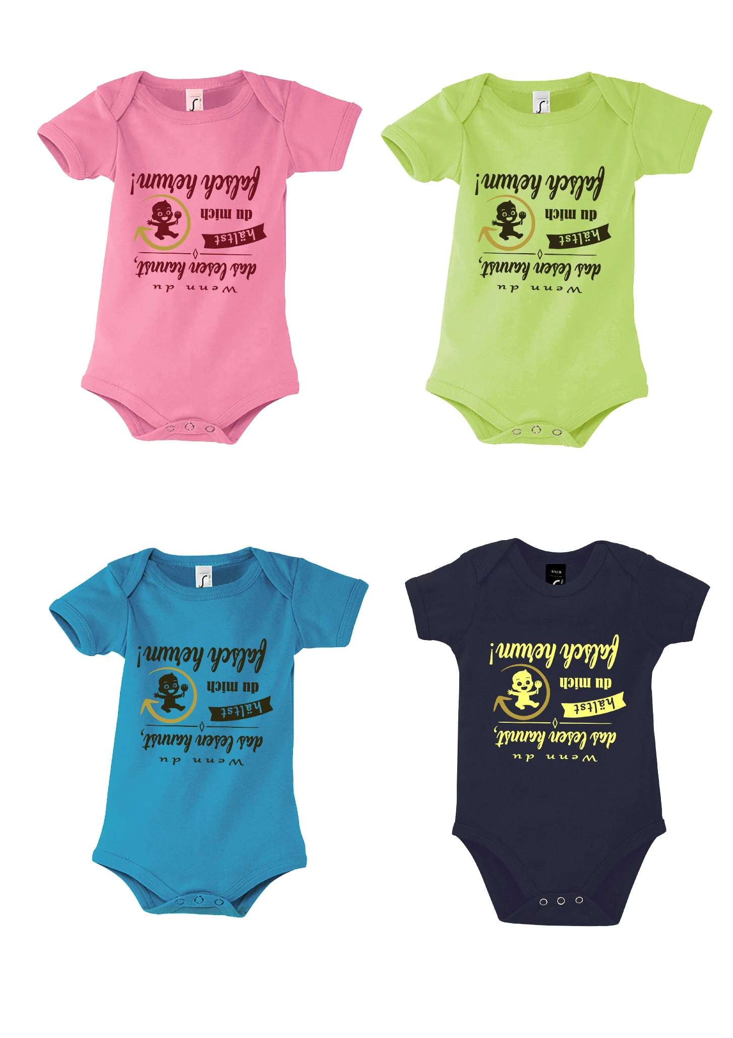 Farbübersicht Babybodys bedruckt mit Wenn du das lesen kannst hältst du mich falsch herum in dunkeloliv
