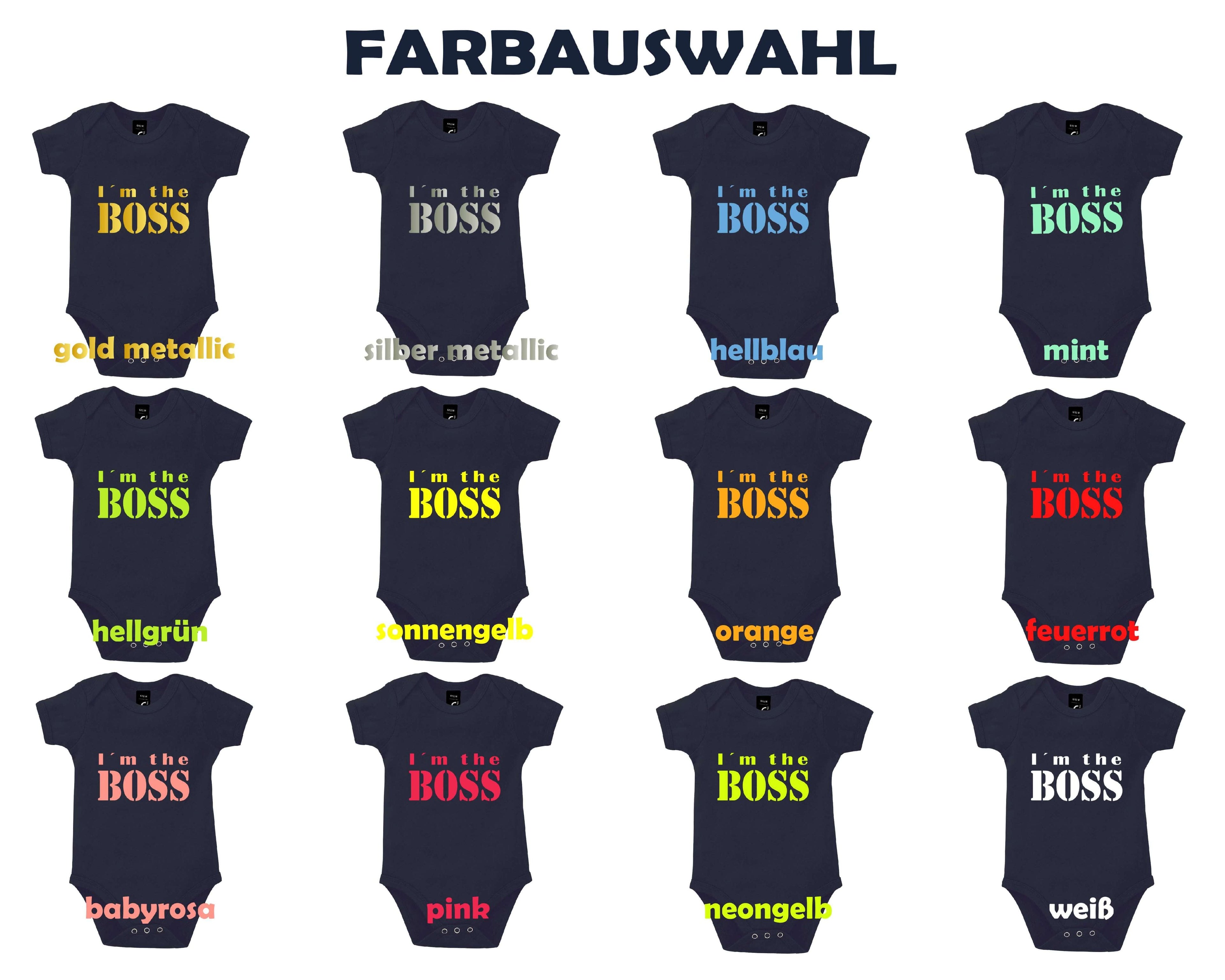Farbauswahl navi Babybody mit I m the Boss bedruckt