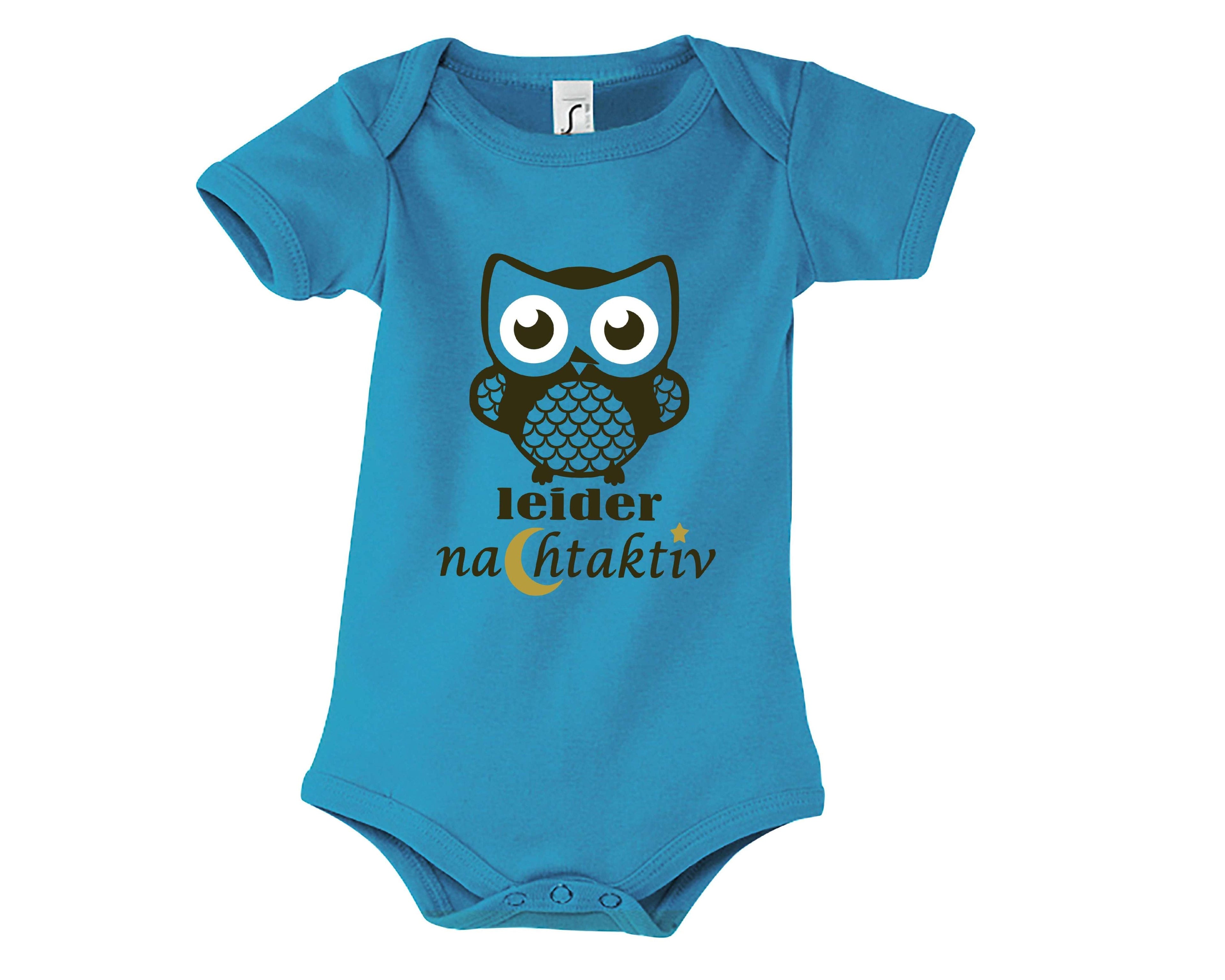 hellblauer Babybody mit Eule Leider nachtakitv, zur Geburt mit gold metallic Effekt, mit kurzen Ärmeln