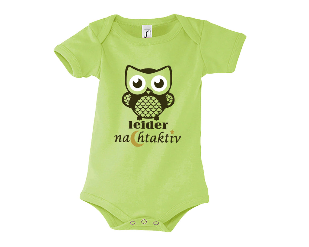 hellgrüner Babybody mit Eule Leider nachtakitv, zur Geburt mit gold metallic Effekt, mit kurzen Ärmeln