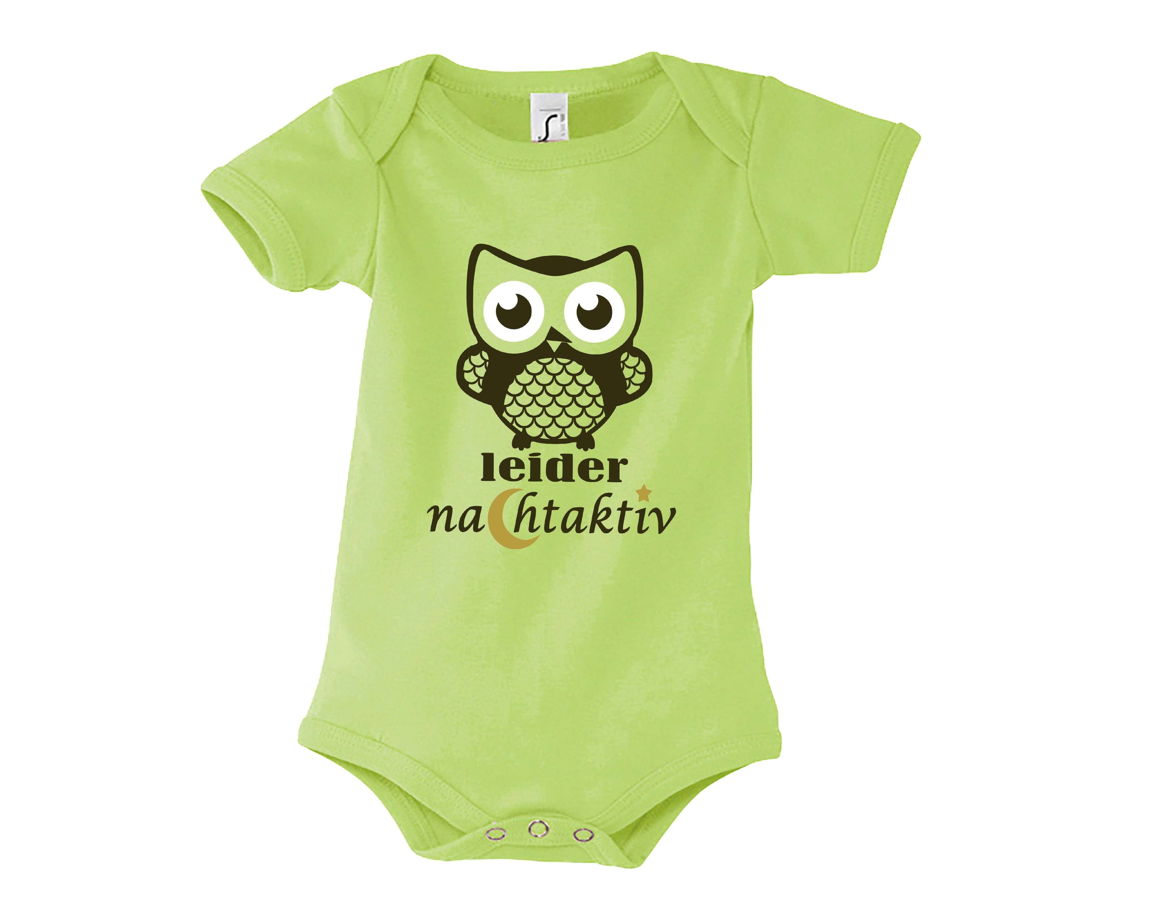 hellgrüner Babybody mit Eule Leider nachtakitv, zur Geburt mit gold metallic Effekt, mit kurzen Ärmeln