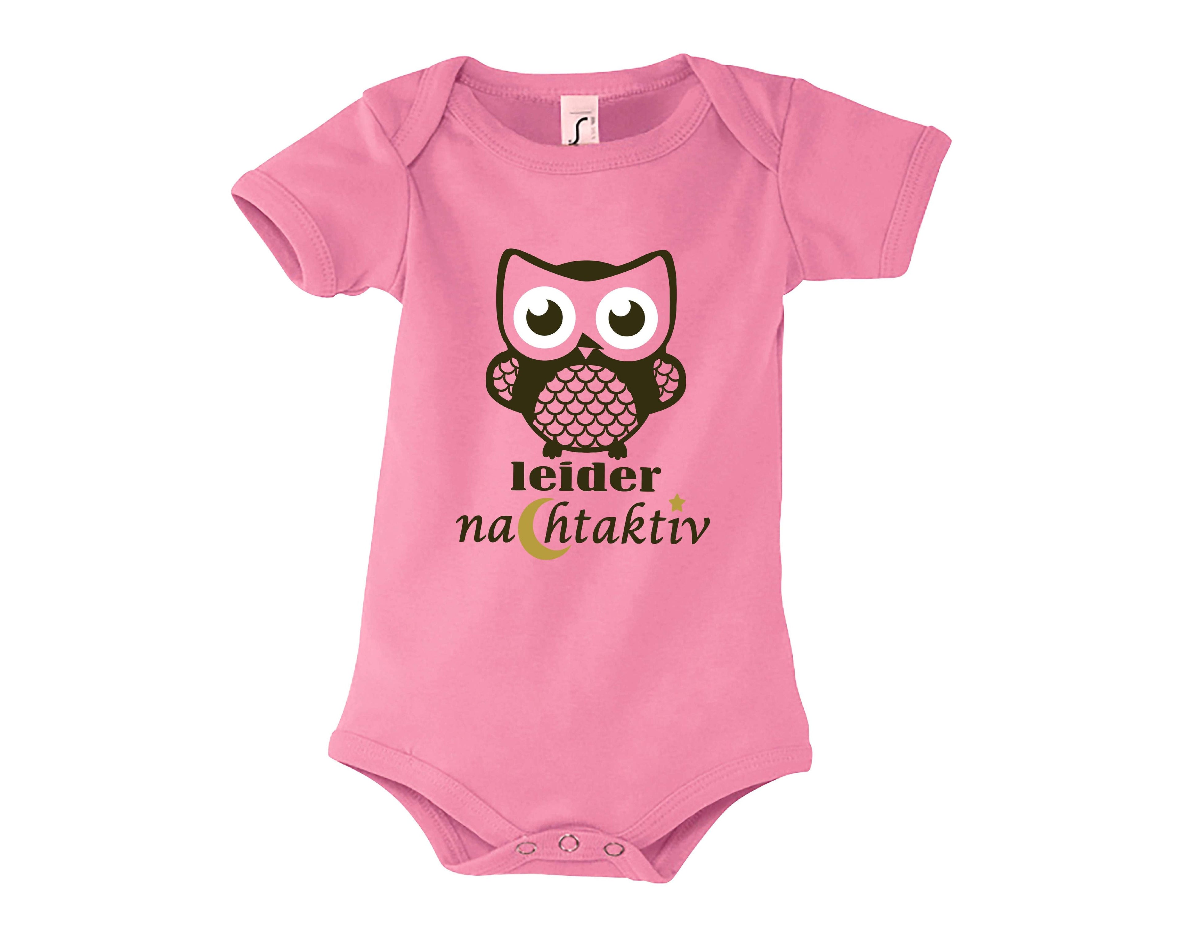 rosa Babybody mit Eule Leider nachtakitv, zur Geburt mit gold metallic Effekt, mit kurzen Ärmeln