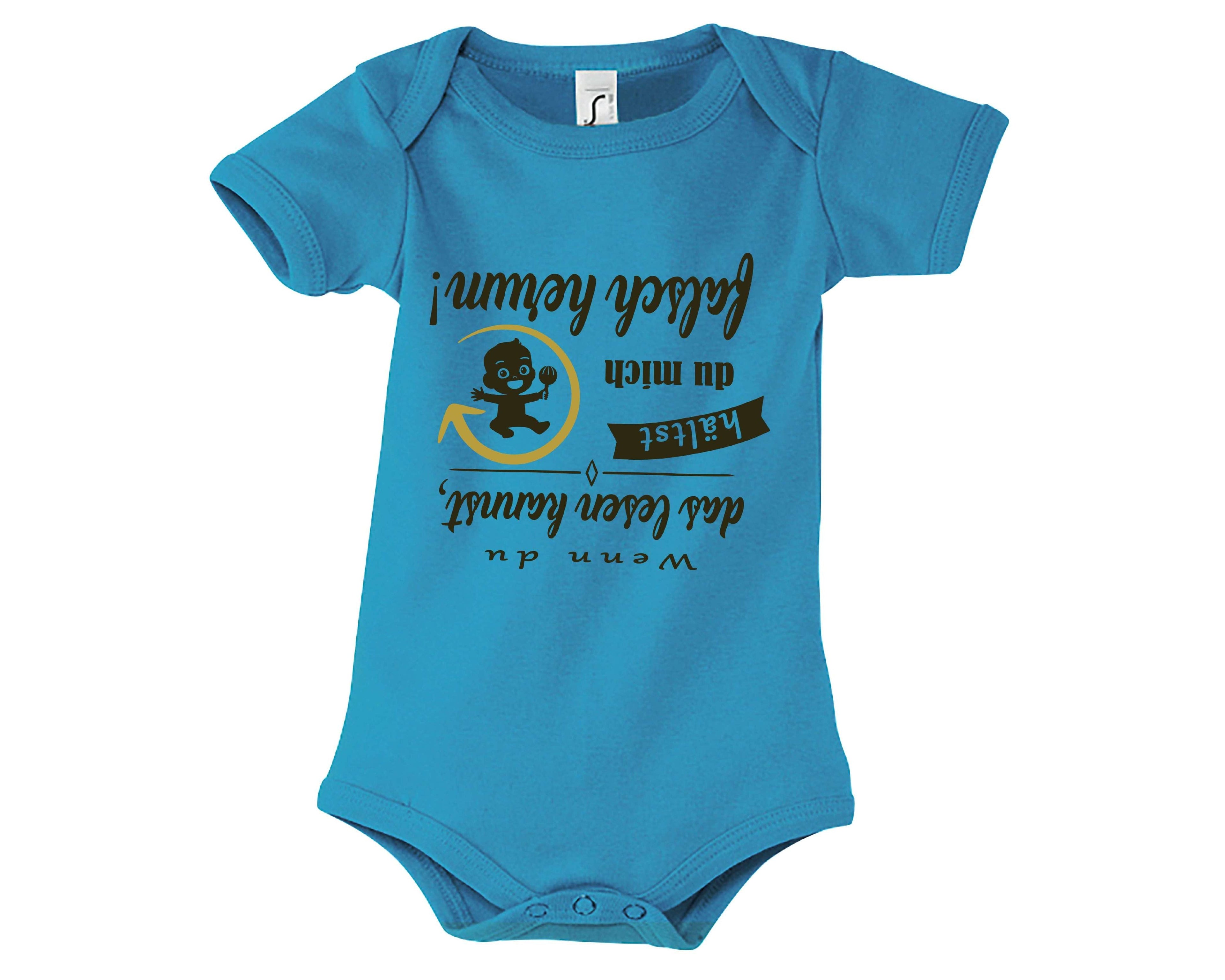 hellblauer Babybody bedruckt mit Wenn du das lesen kannst hältst du mich falsch herum in dunkeloliv