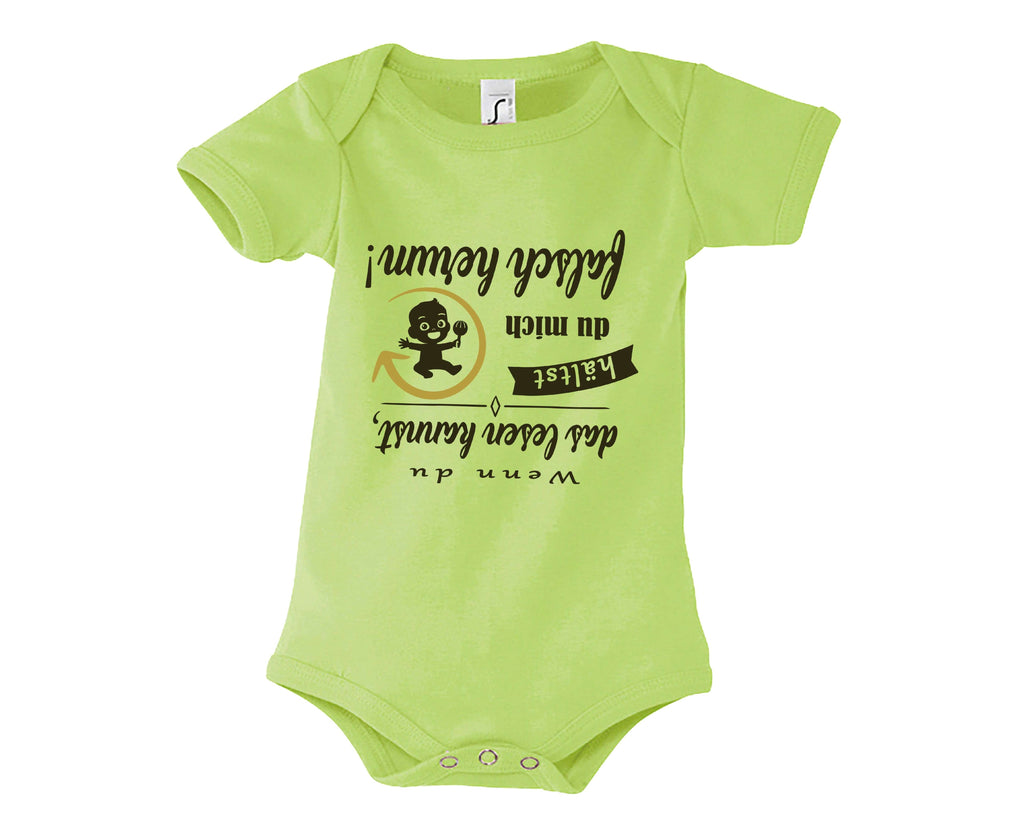 hellgrüner Babybody bedruckt mit Wenn du das lesen kannst hältst du mich falsch herum in dunkeloliv