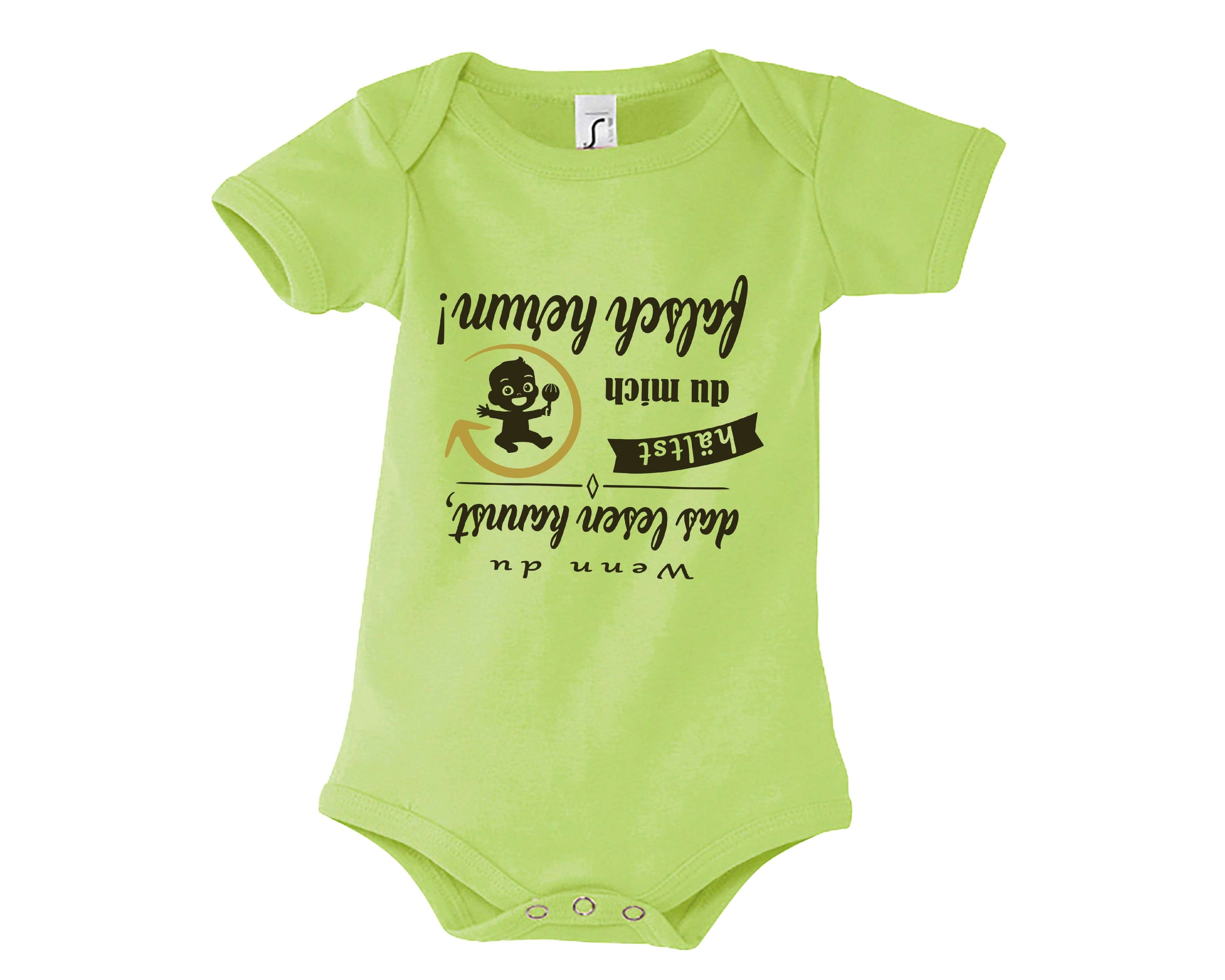 hellgrüner Babybody bedruckt mit Wenn du das lesen kannst hältst du mich falsch herum in dunkeloliv