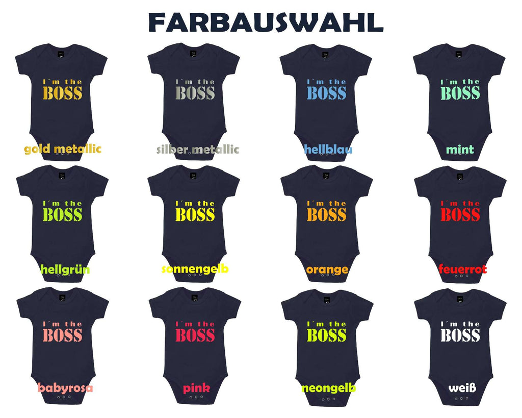 Farbauswahl navi Babybody mit I m the Boss bedruckt