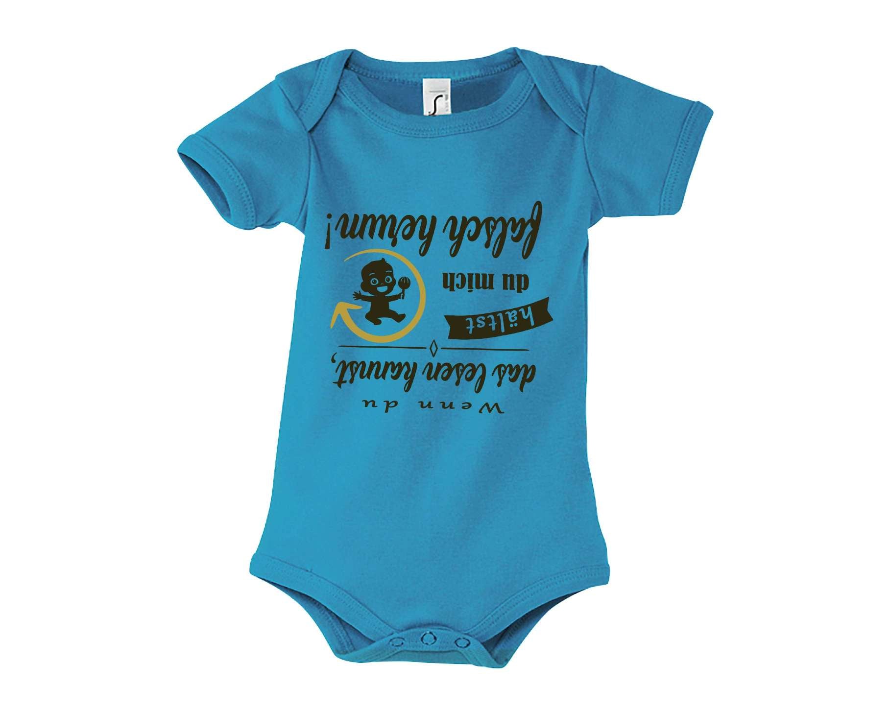 hellblauer Babybody bedruckt mit Wenn du das lesen kannst hältst du mich falsch herum in dunkeloliv
