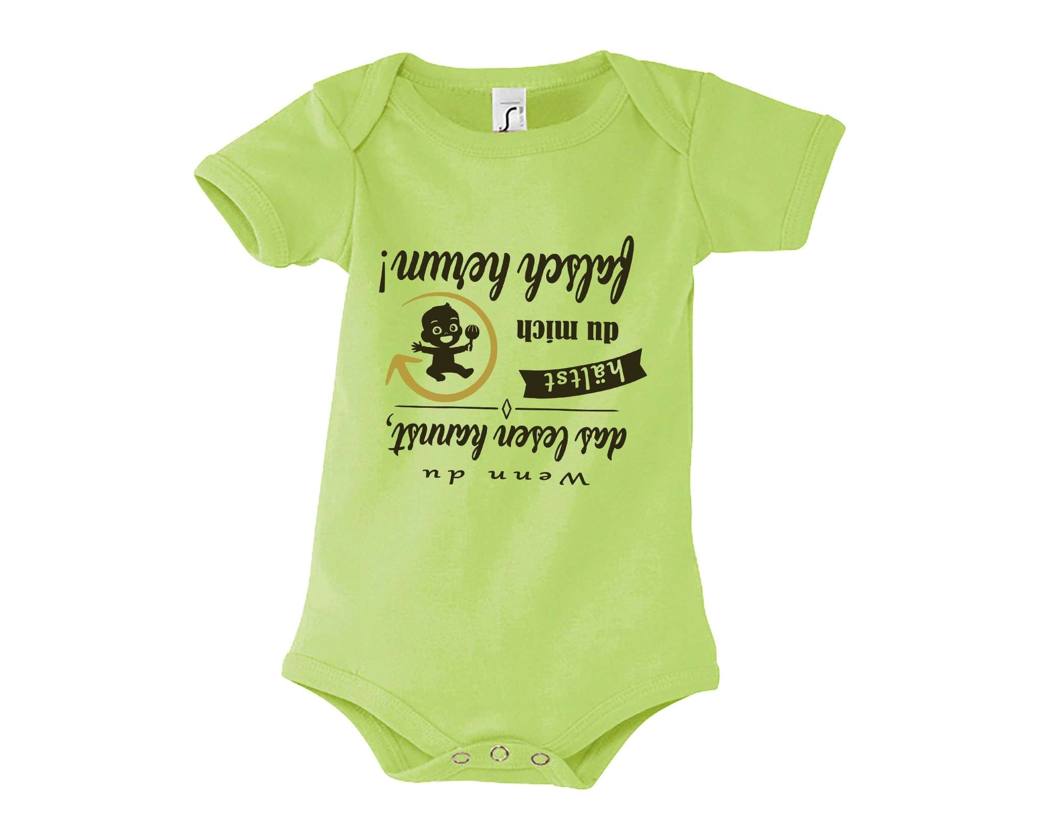hellgrüner Babybody bedruckt mit Wenn du das lesen kannst hältst du mich falsch herum in dunkeloliv