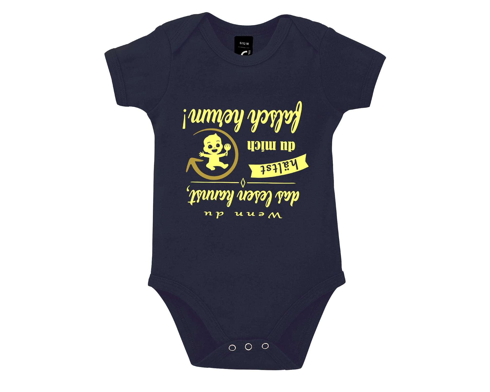 navy Babybody bedruckt mit Wenn du das lesen kannst hältst du mich falsch herum in hellgelb