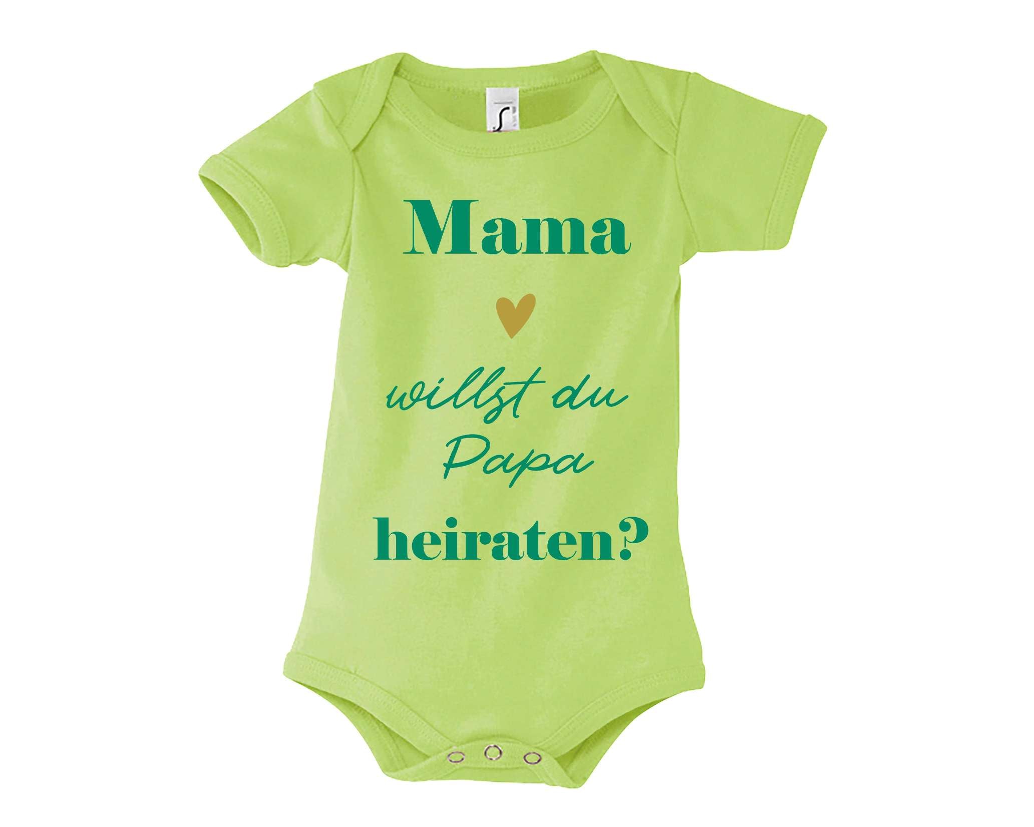hellgrüner Babybody bedruckt mit Heiratsantrag, Willst du papa heiraten in petrol