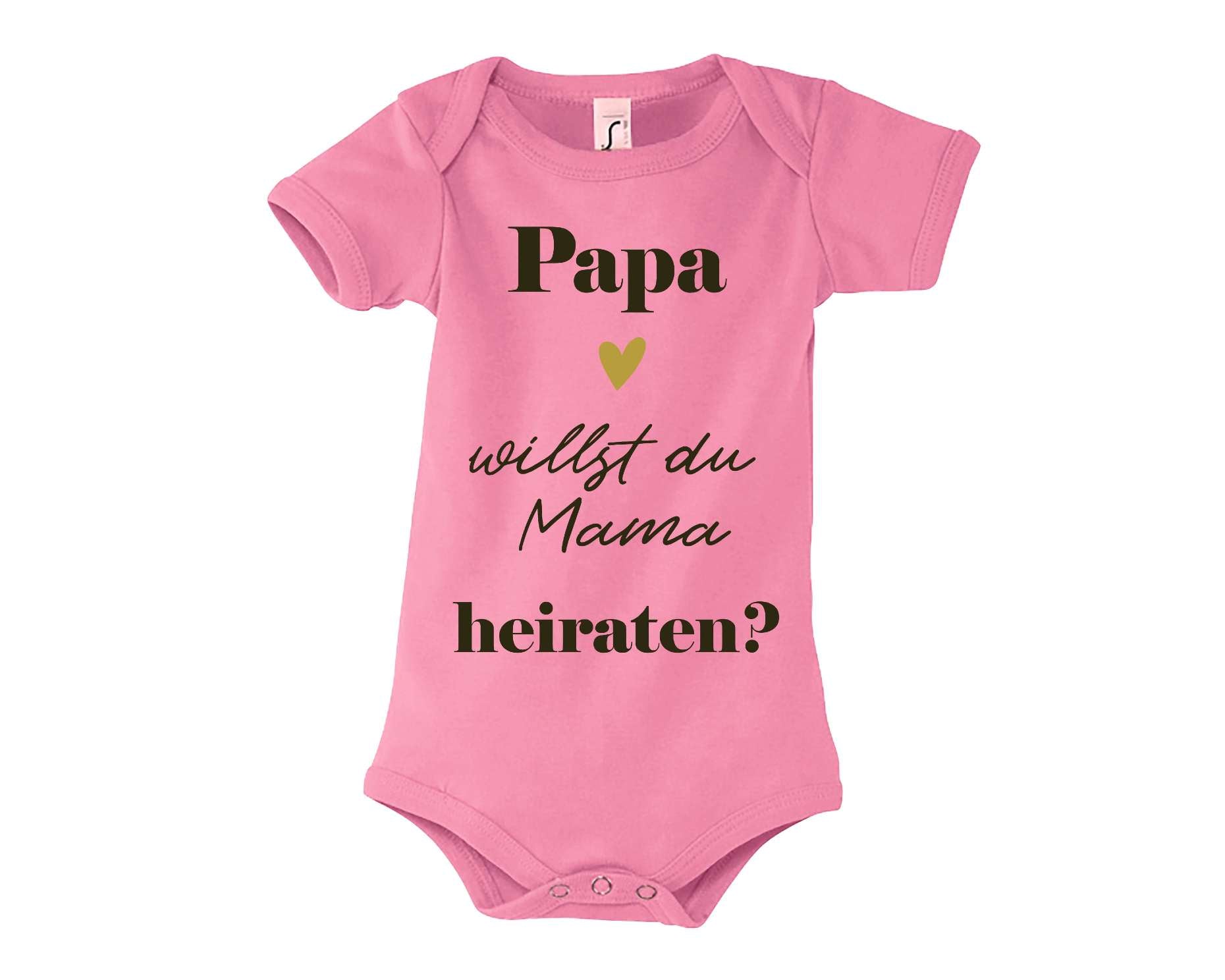 rosa Babybody bedruckt mit Heiratsantrag, Papa willst du uns heitraten? In dunkeloliv