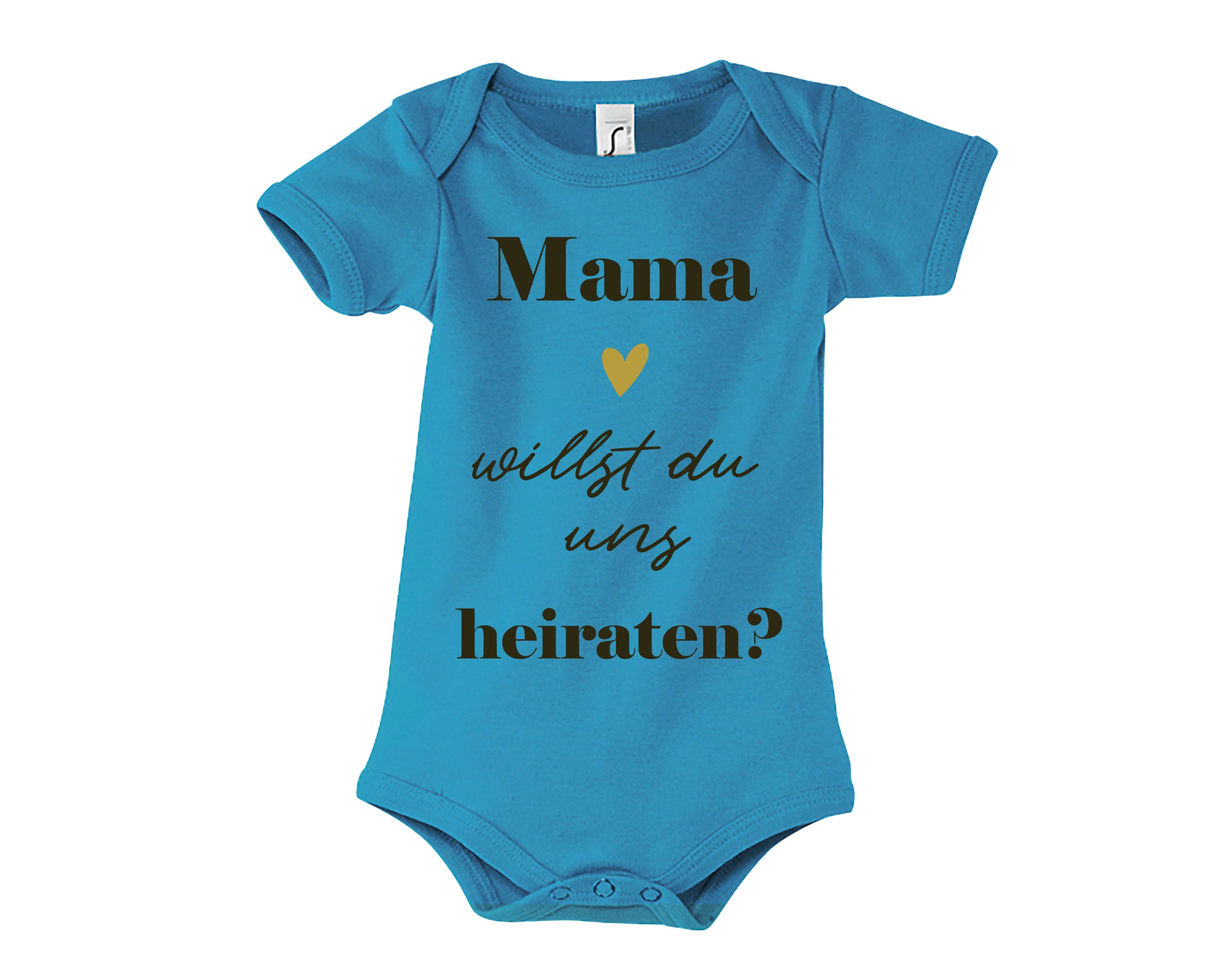 hellblauer Babybody bedruckt mit Heiratsantrag, Willst du papa heiraten in dunkeloliv