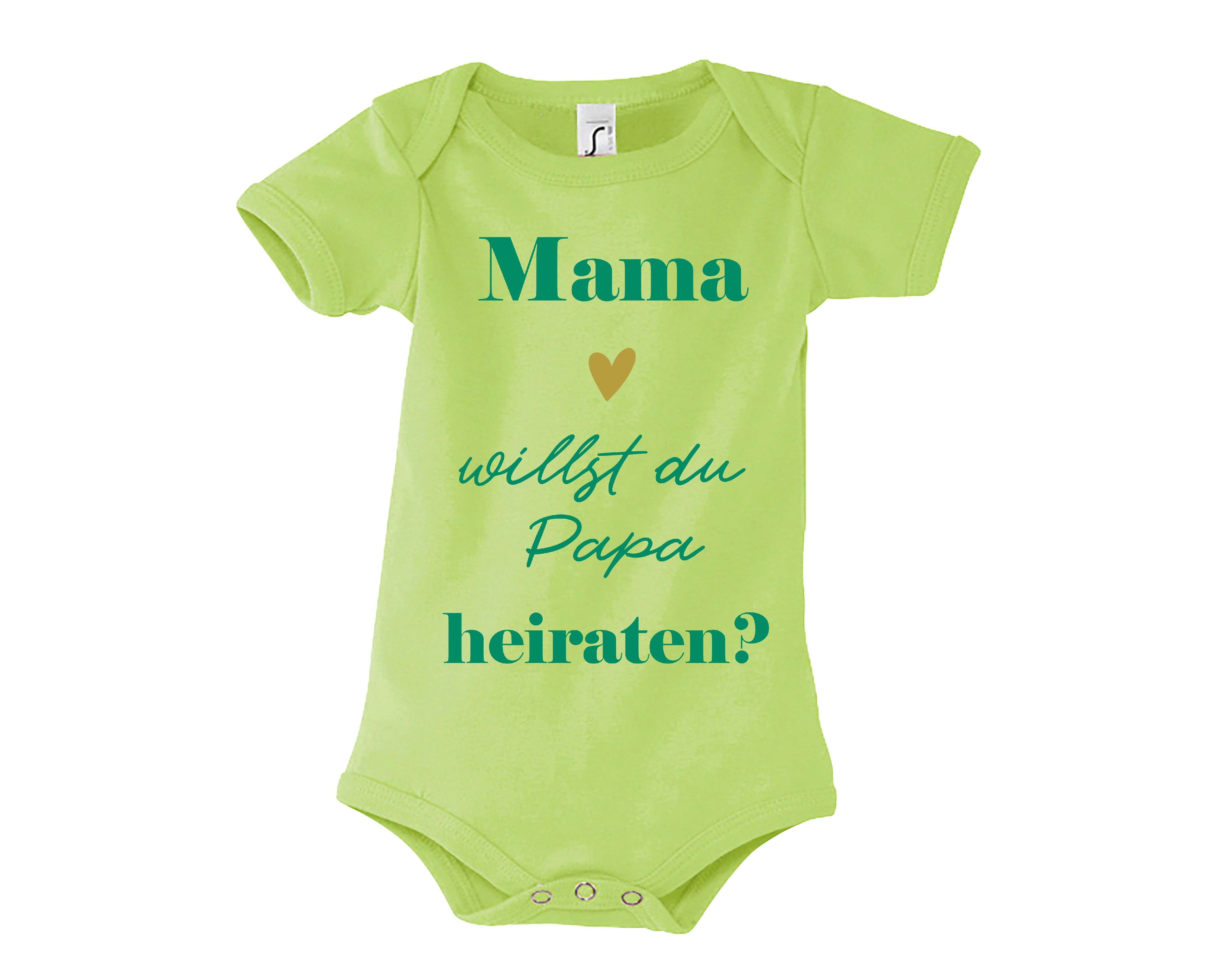 hellgrüner Babybody bedruckt mit Heiratsantrag, Willst du papa heiraten in petrol