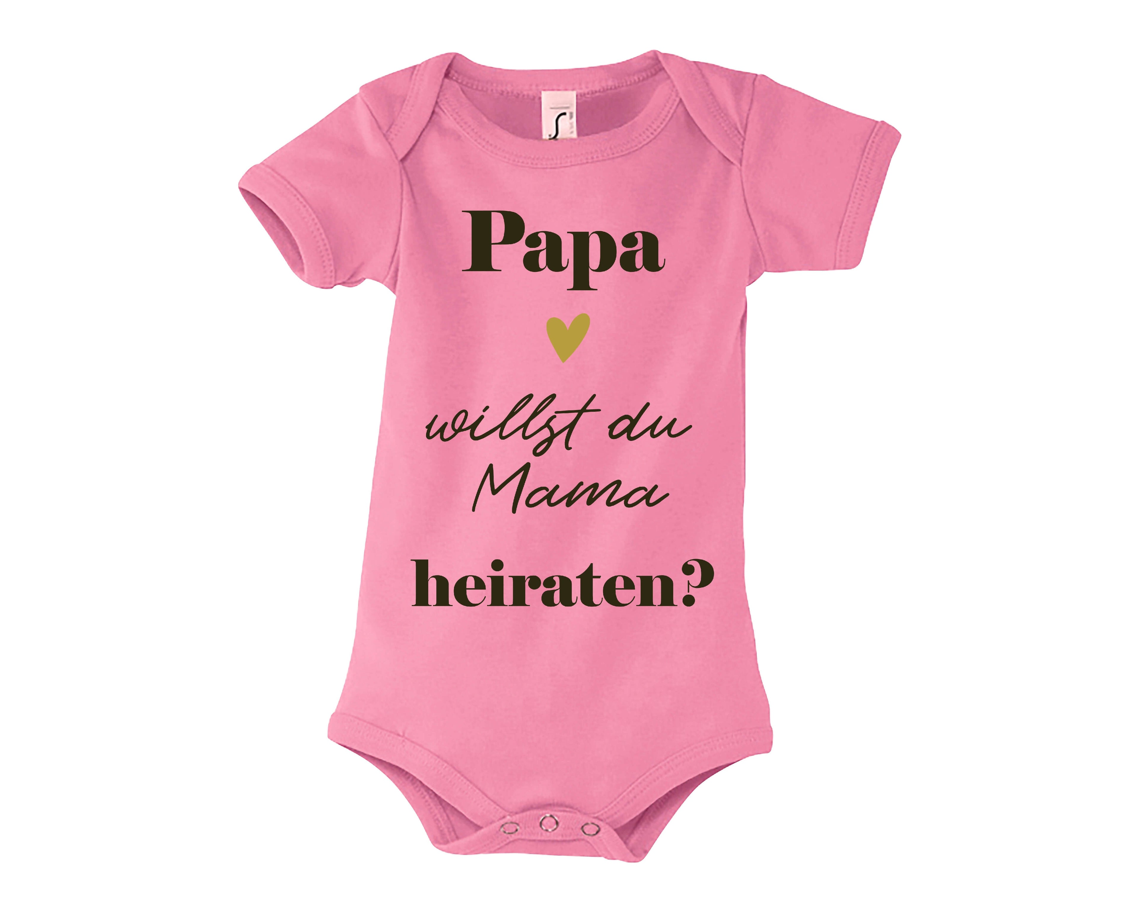 rosa Babybody bedruckt mit Heiratsantrag, Papa willst du uns heitraten? In dunkeloliv