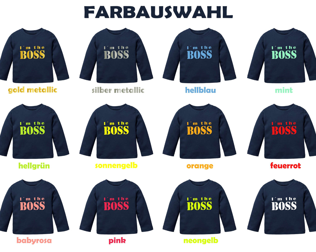 Farbübersicht Aufdruck von navi Babyshirt bedruckt I m the Boss mit gold metallic, Druckknöpfen und langen Ärmeln