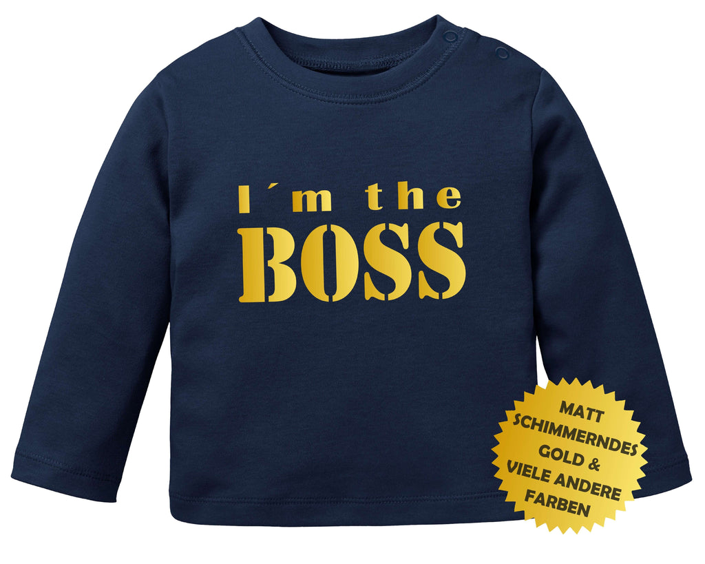navi Babyshirt bedruckt I m the Boss mit gold metallic, Druckknöpfen und langen Ärmeln