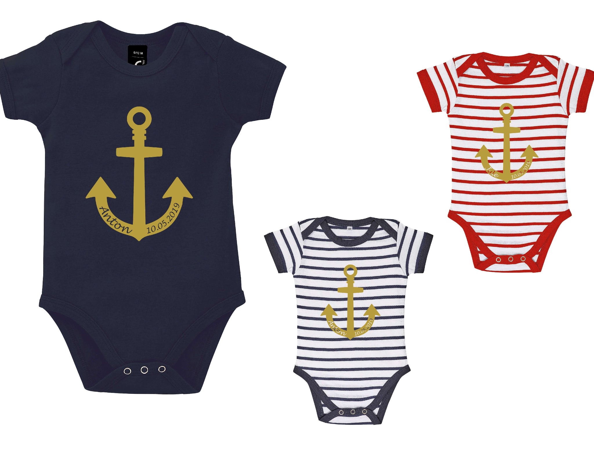 Babybody Krabbe oder Anker mit Name und Geburtsdaten