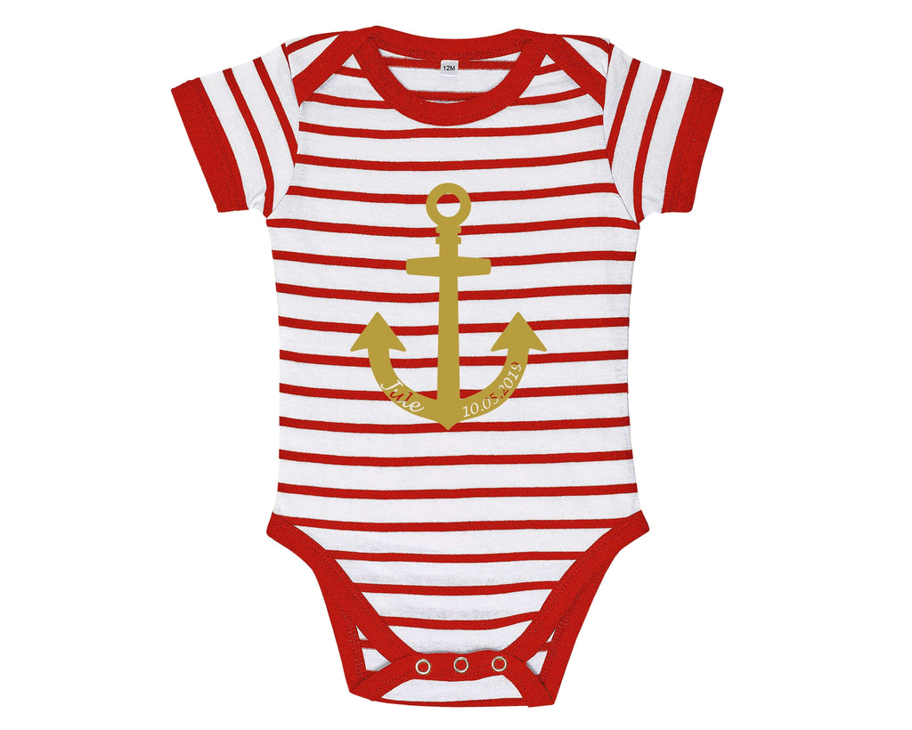 blau-weiß gestreifter Babybody mit goldenem Anker und Geburtsdaten