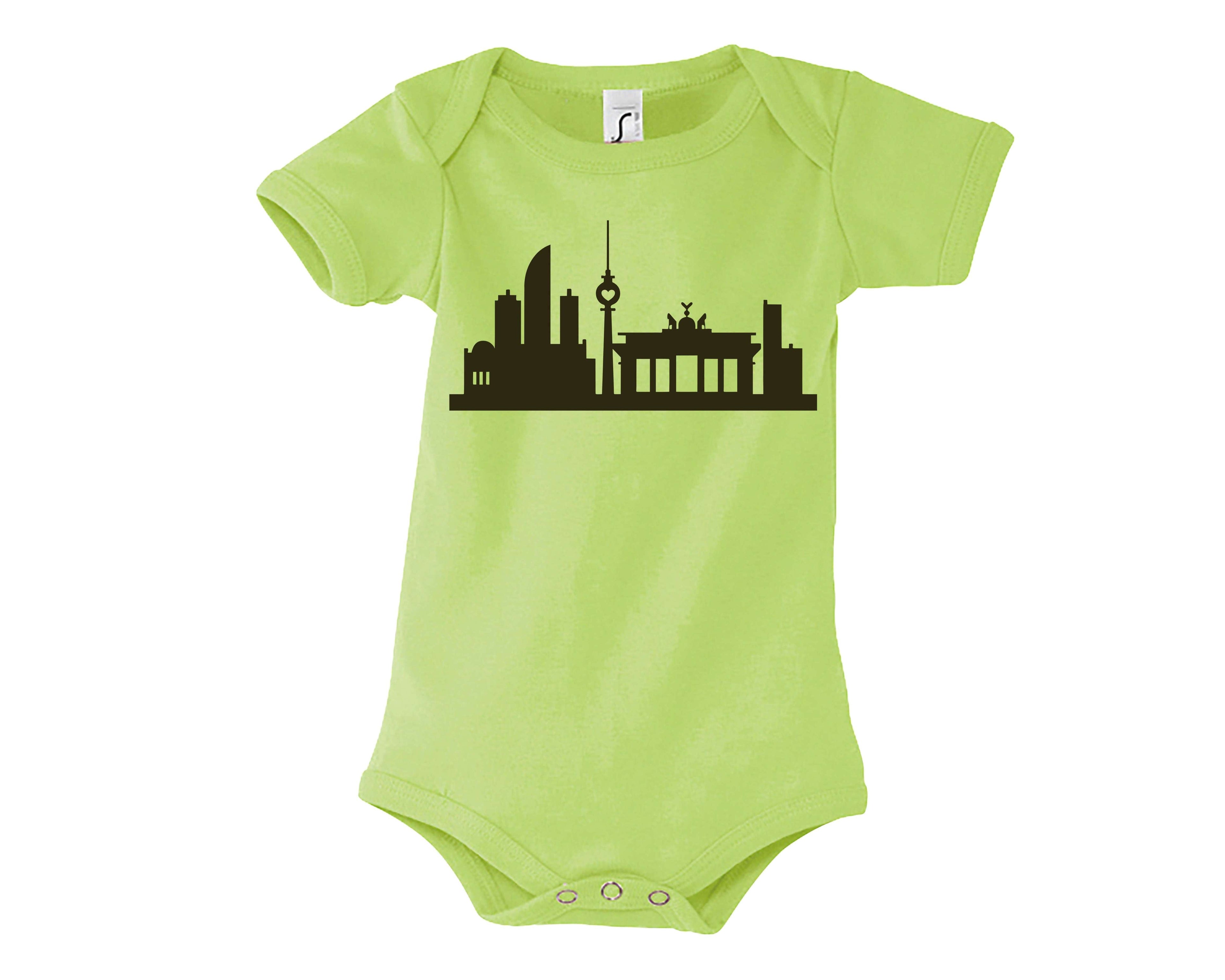 hellgrüner Babyody mit Berliner Skyline bedruckt in dunkeloliv, mit kurzen Ärmeln