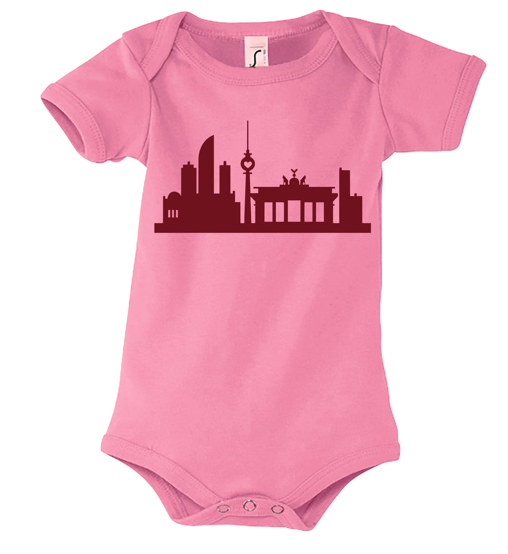 rosa Babyody mit Berliner Skyline bedruckt in bordeaux, mit kurzen Ärmeln