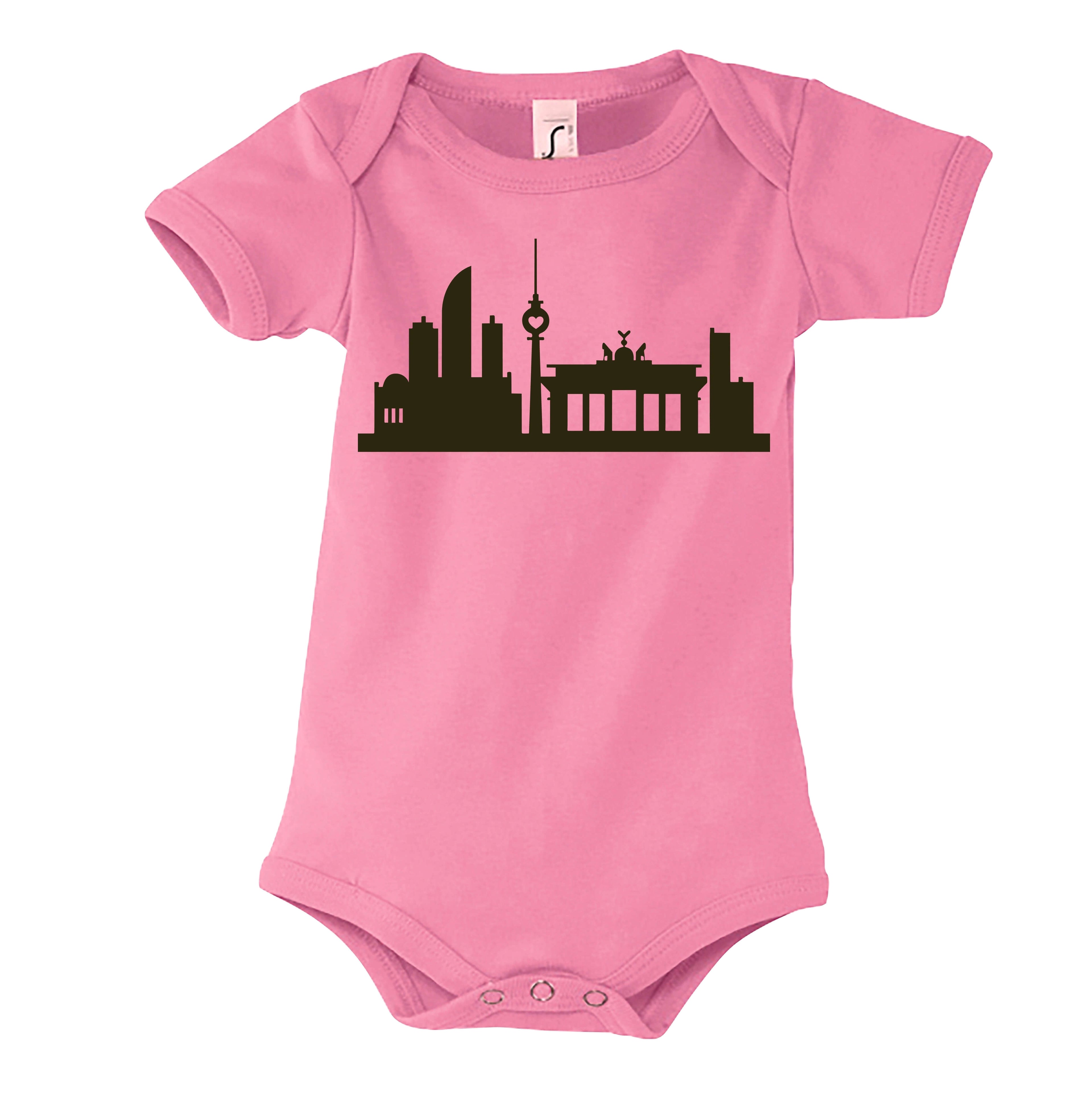 rosa Babyody mit Berliner Skyline bedruckt in dunkeloliv, mit kurzen Ärmeln