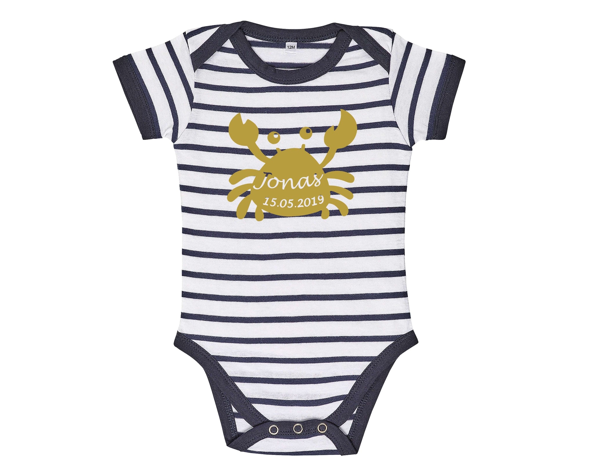 blau-weiß gestreifter Babybody mit goldener Krabbe und Geburtsdaten