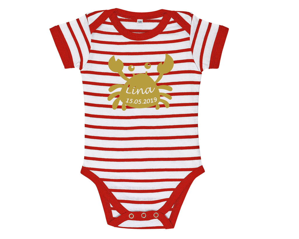 rot-weiß gestreifter Babybody mit goldener Krabbe und Geburtsdaten