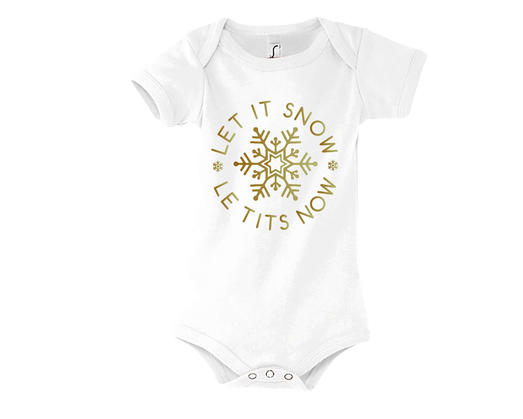 frecher und witziger Weihnachtsbody zum Thema Stillen LET IT SNOW LE TITS NOW als Weihnachtsspaß weiß-gold