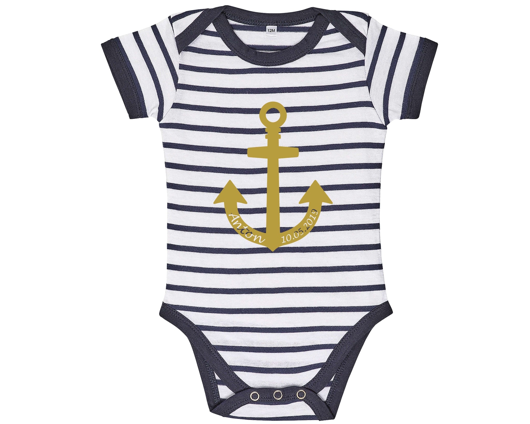 blau-weiß gestreifter Babybody mit goldenem Anker und Name, Geburtsdatum bedruckt