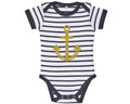 blau-weiß gestreifter Babybody mit goldenem Anker und Name, Geburtsdatum bedruckt