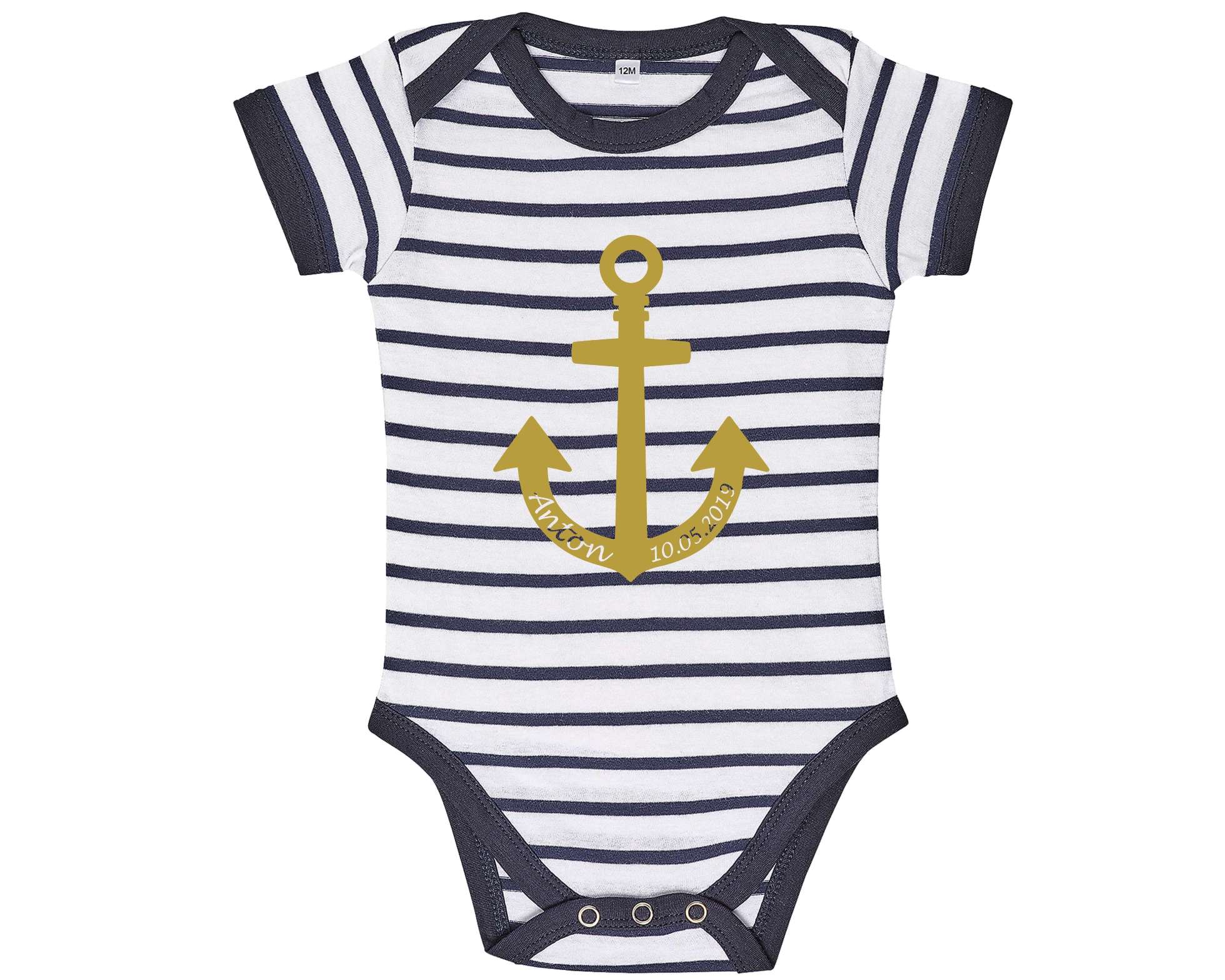 blau-weiß gestreifter Babybody mit goldenem Anker und Name, Geburtsdatum bedruckt