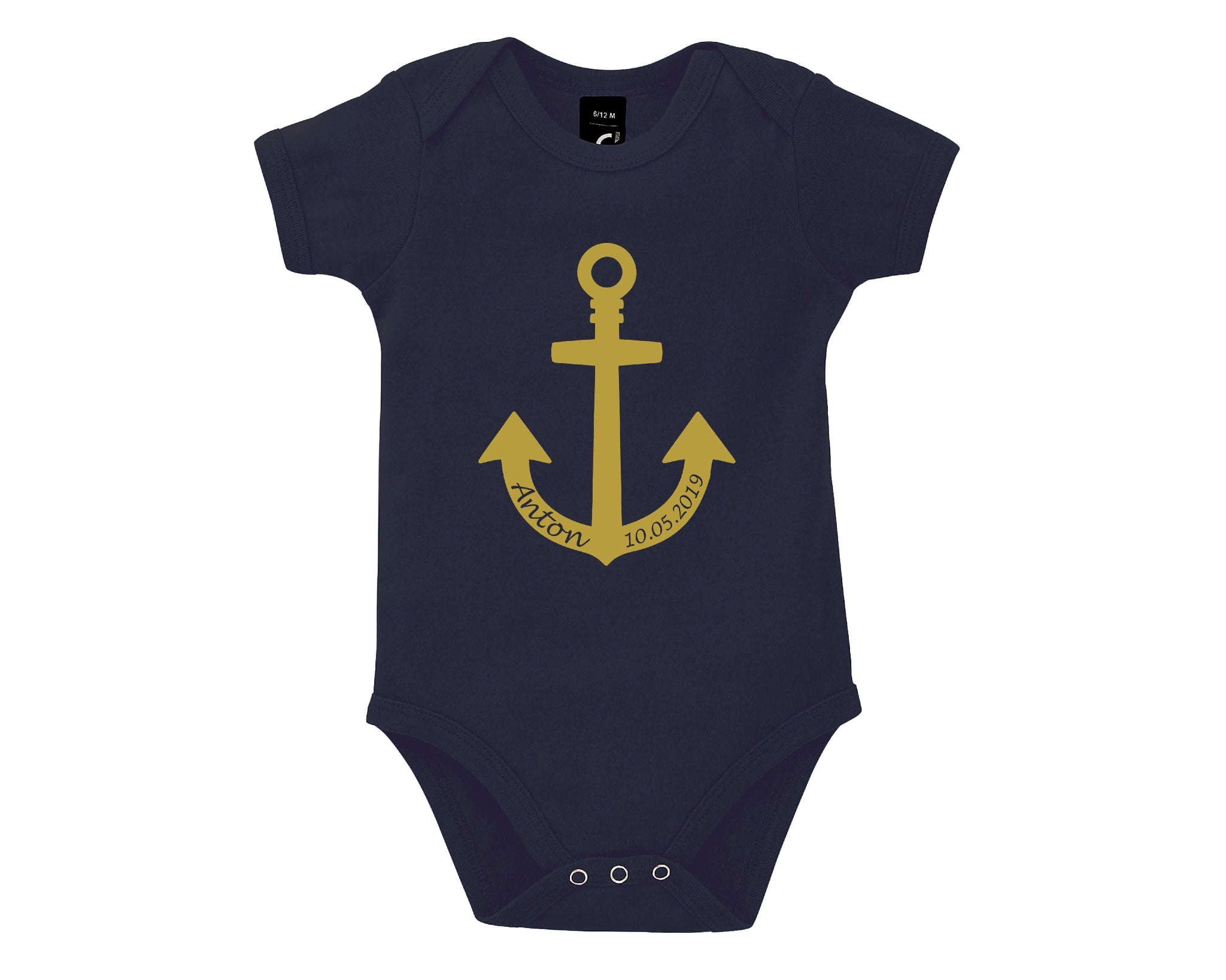 Babybody mit goldenem Anker und Geburtsdaten in french navi