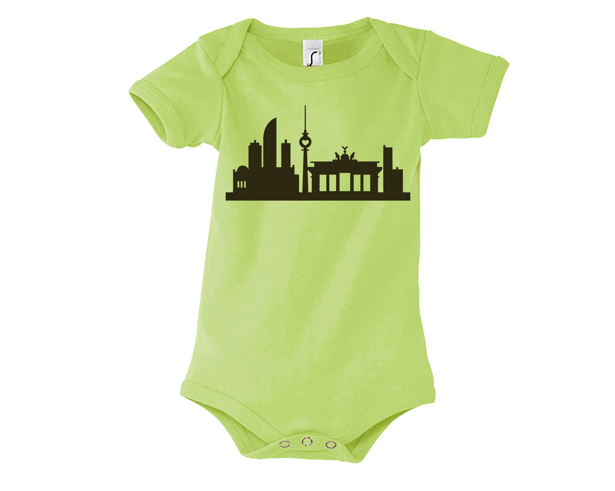 hellgrüner Babyody mit Berliner Skyline bedruckt in dunkeloliv, mit kurzen Ärmeln