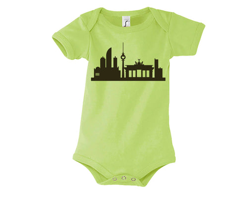 hellgrüner Babyody mit Berliner Skyline bedruckt in dunkeloliv, mit kurzen Ärmeln