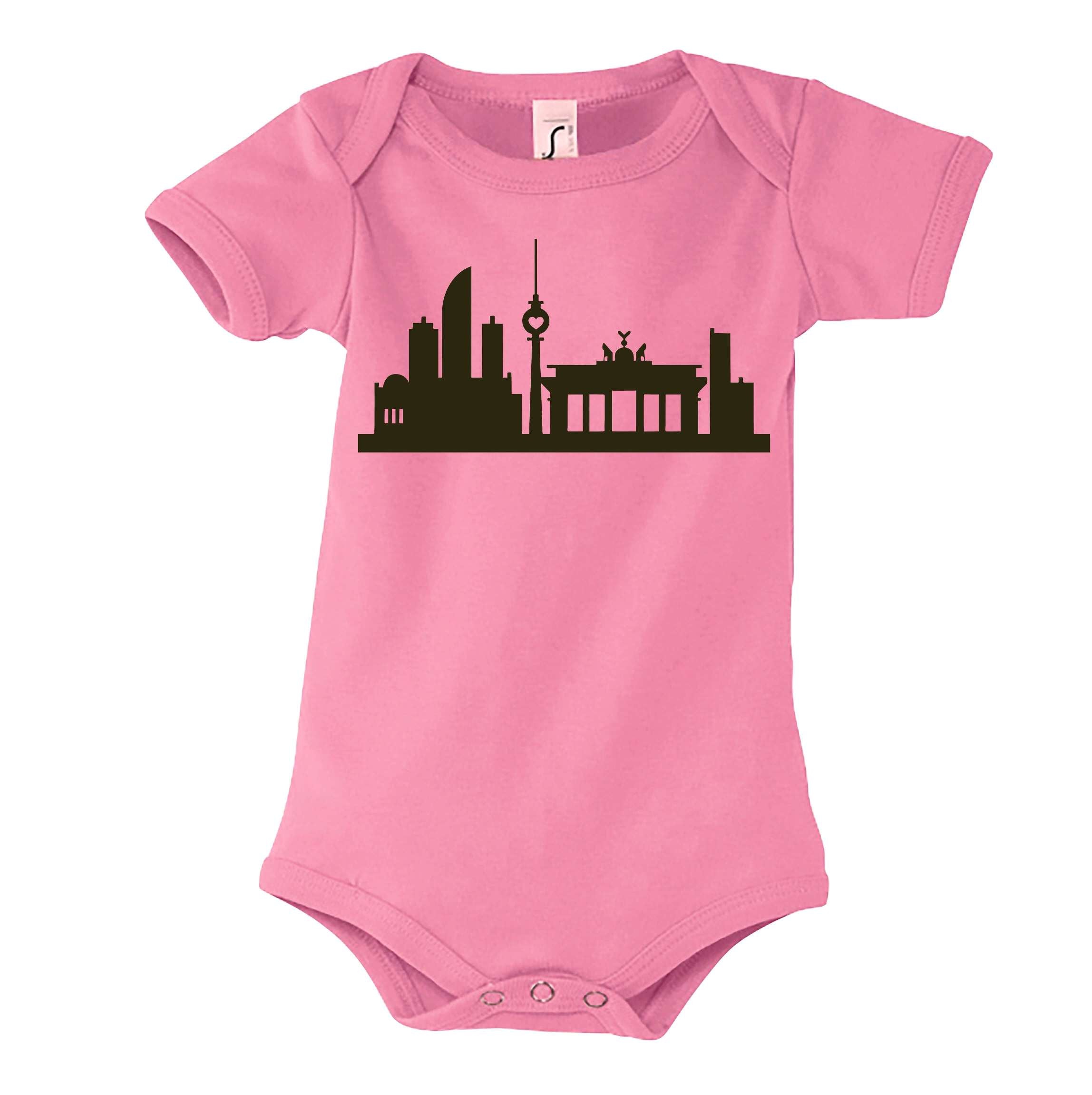 rosa Babyody mit Berliner Skyline bedruckt in dunkeloliv, mit kurzen Ärmeln