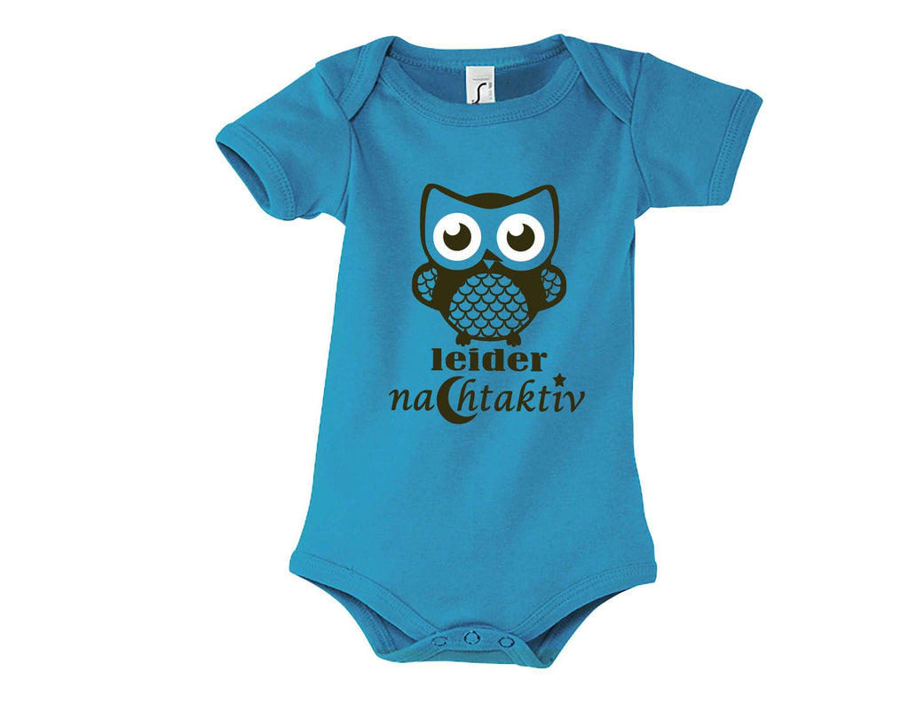 hellgrüner Babybody mit Eule Leider nachtaktiv, zur Geburt mit gold metallic Effekt, mit kurzen Ärmeln