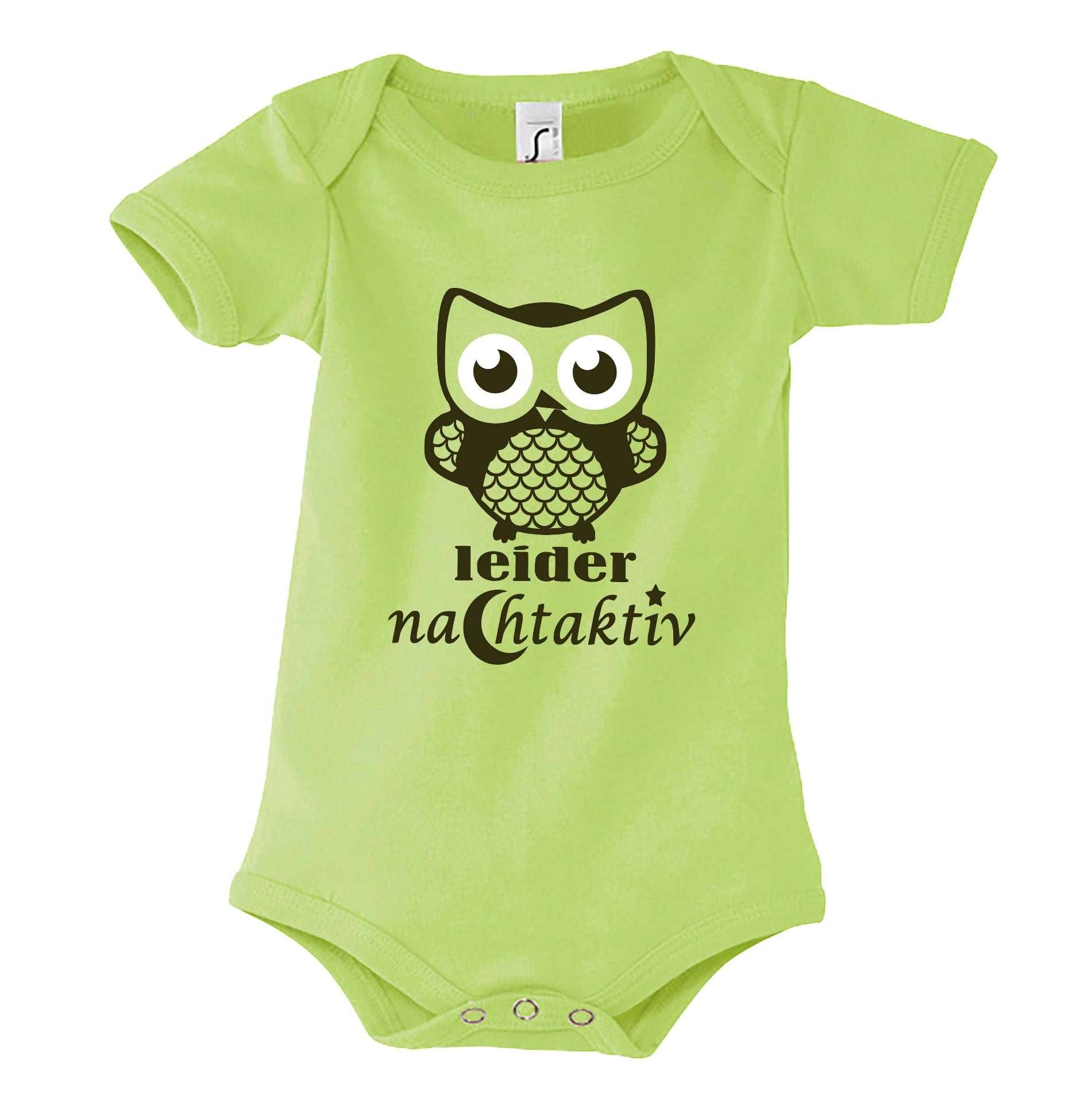 hellgrüner Babybody mit Eule Leider nachtaktiv, zur Geburt mit gold metallic Effekt, mit kurzen Ärmeln