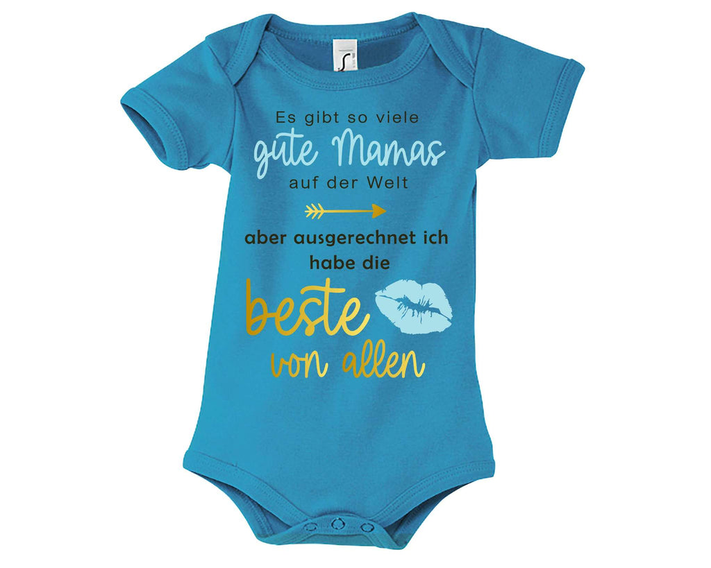 hellblauer Babybody bedruckt mit Ich habe die beste Mama von allen, in gold metallic, zum Muttertag