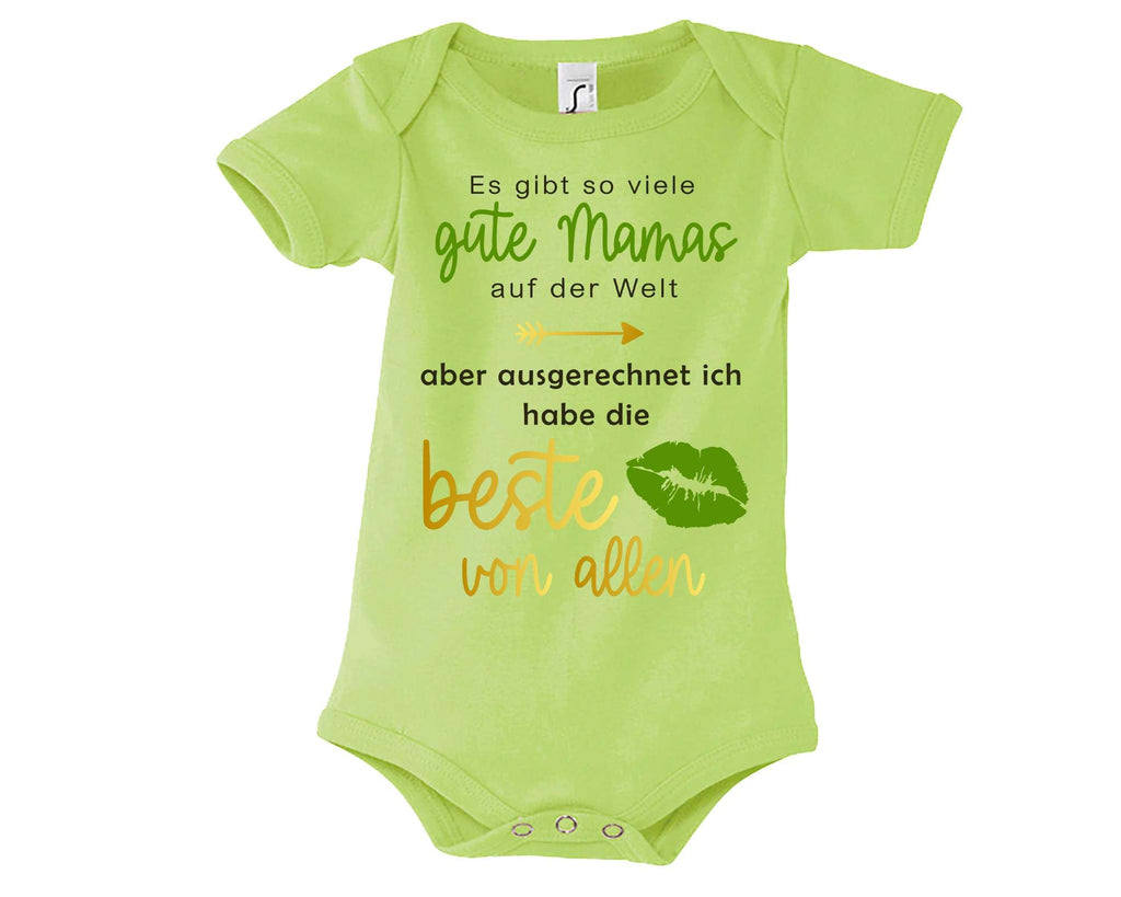 hellgrüner Babybody bedruckt mit Ich habe die beste Mama von allen, in gold metallic