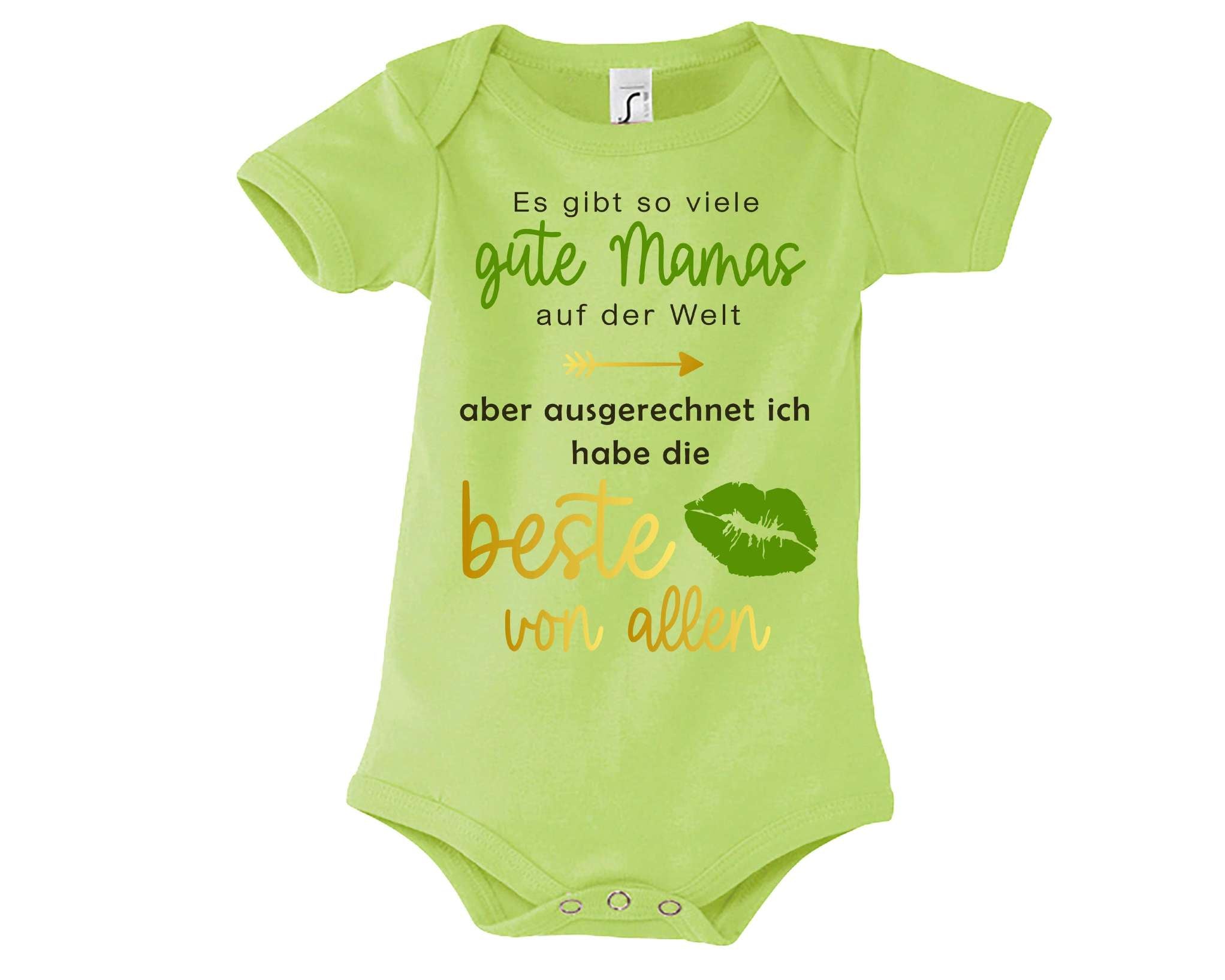 hellgrüner Babybody bedruckt mit Ich habe die beste Mama von allen, in gold metallic