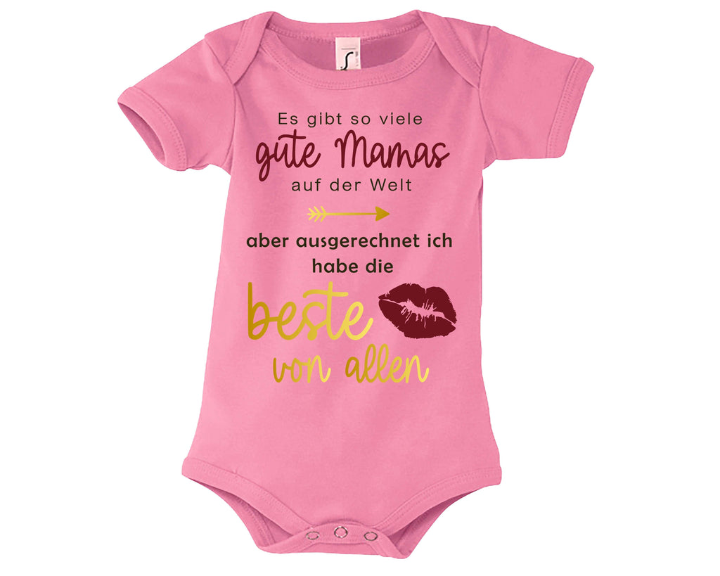 rosa Babybody bedruckt mit Ich habe die beste Mama von allen, in gold metallic
