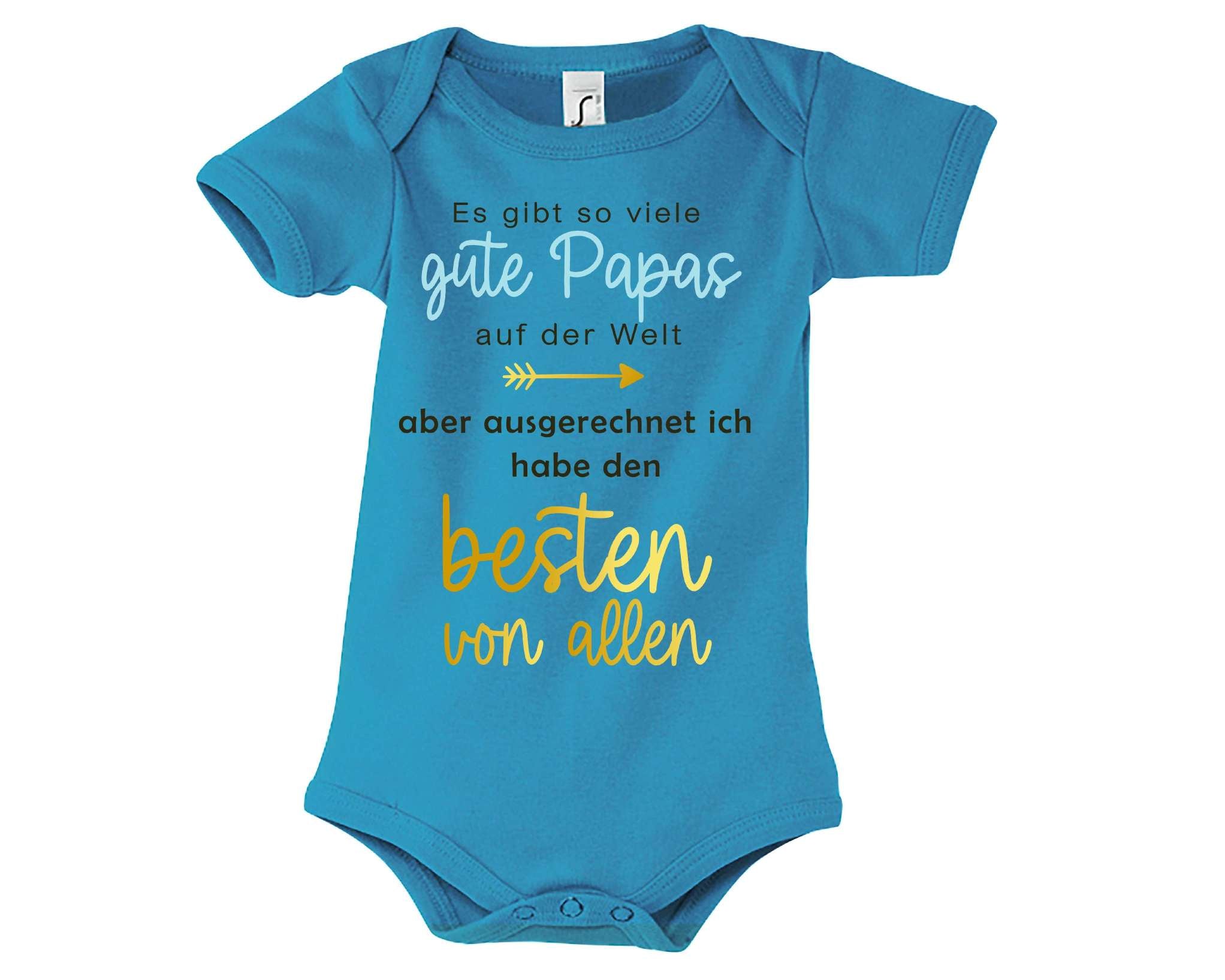 hellblauer Babybody bedruckt mit Ich habe den besten Papa von allen, in gold metallic