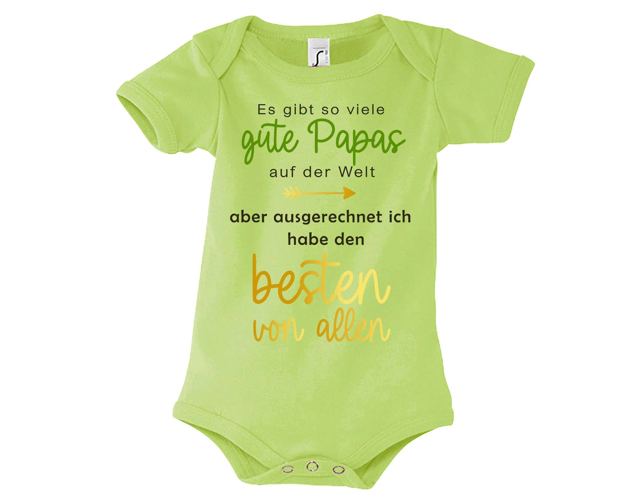 hellgrüner Babybody bedruckt mit Ich habe den besten Papa von allen, in gold metallic