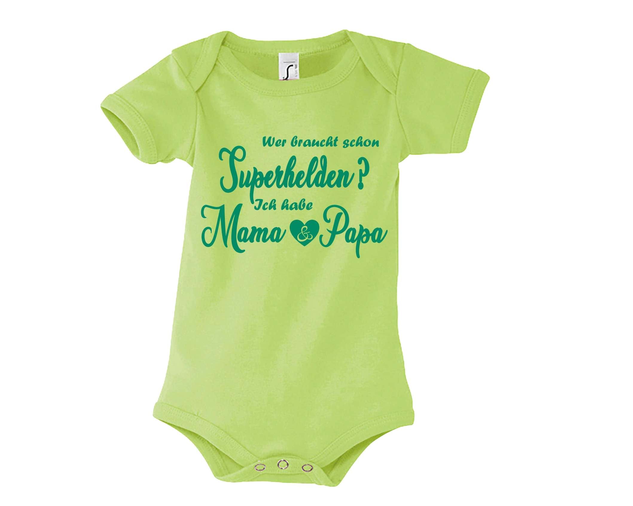hellgrüner Babybody Wer braucht schon Superhelden? Ich habe Mama und Papa