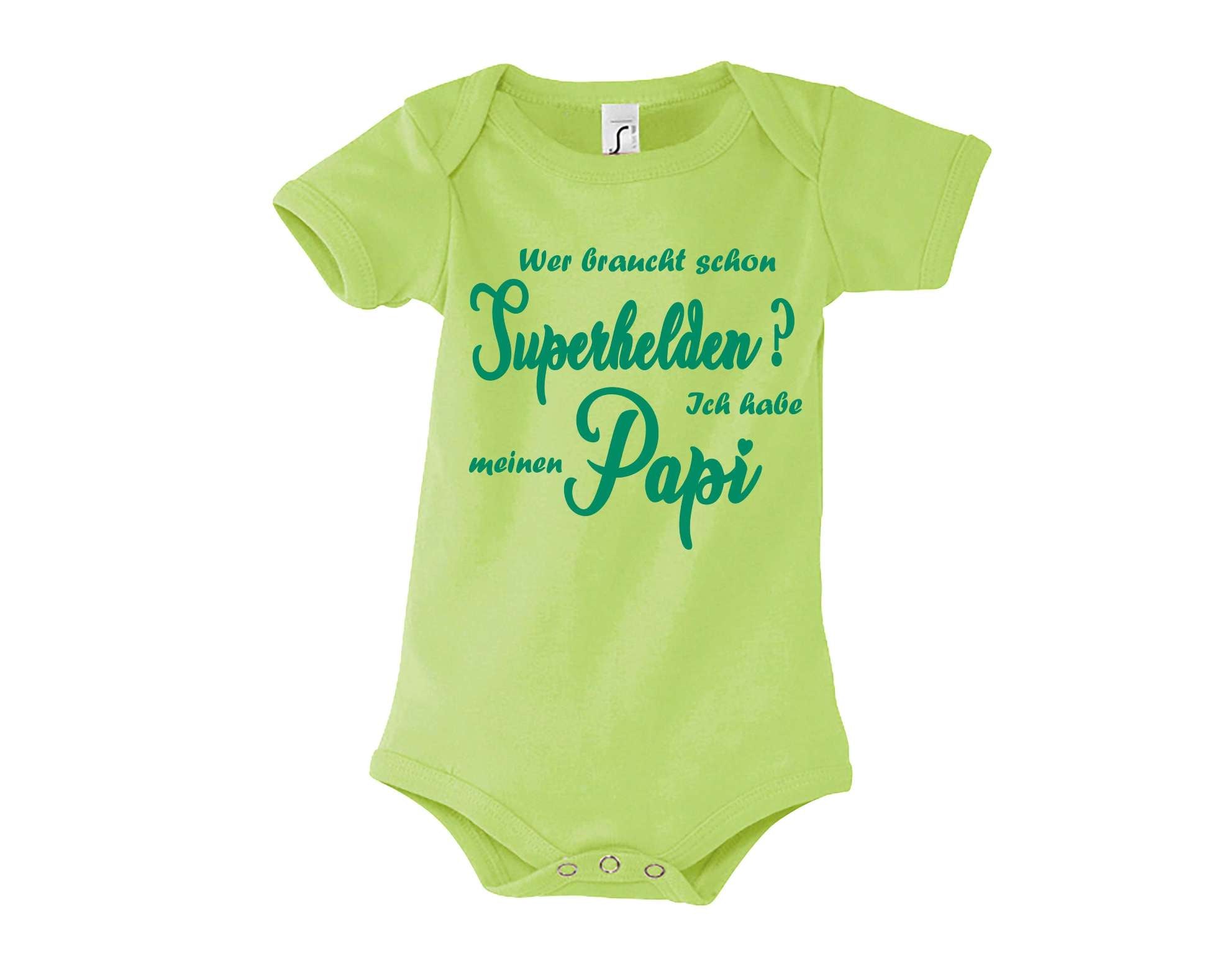 hellgrüner Babybody bedruckt mit Wer braucht schon Superhelden? Ich habe meinen Papi