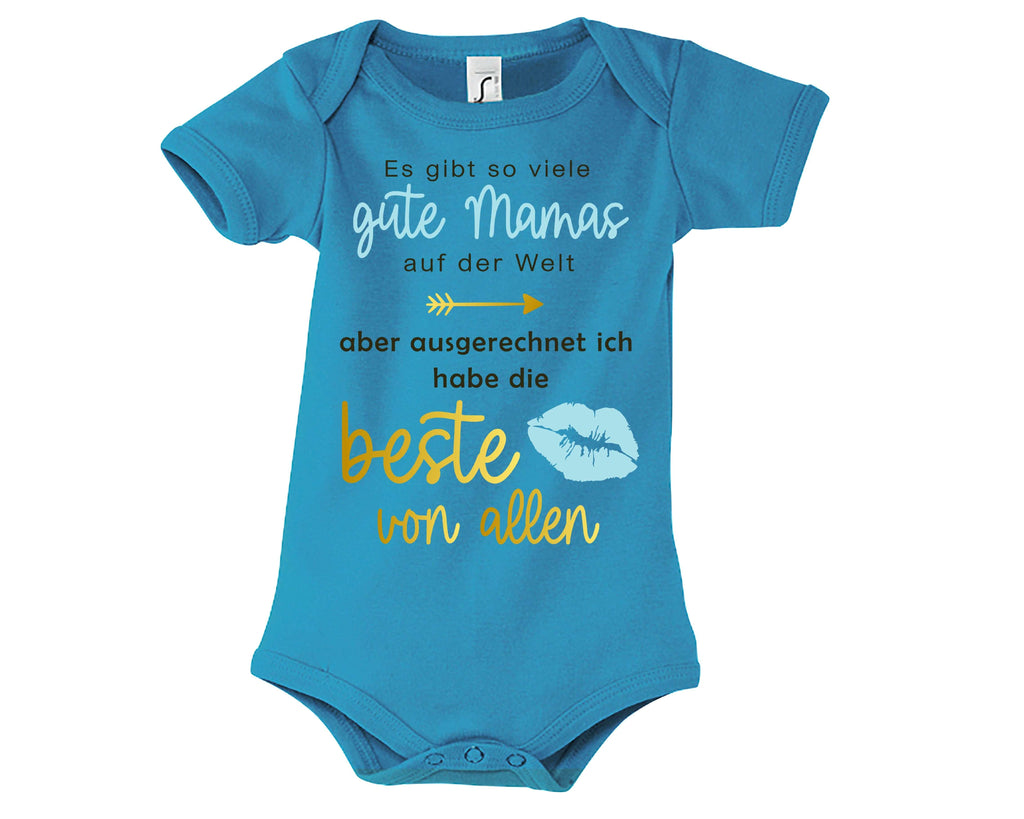 hellblauer Babybody bedruckt mit Ich habe die beste Mama von allen, in gold metallic, zum Muttertag