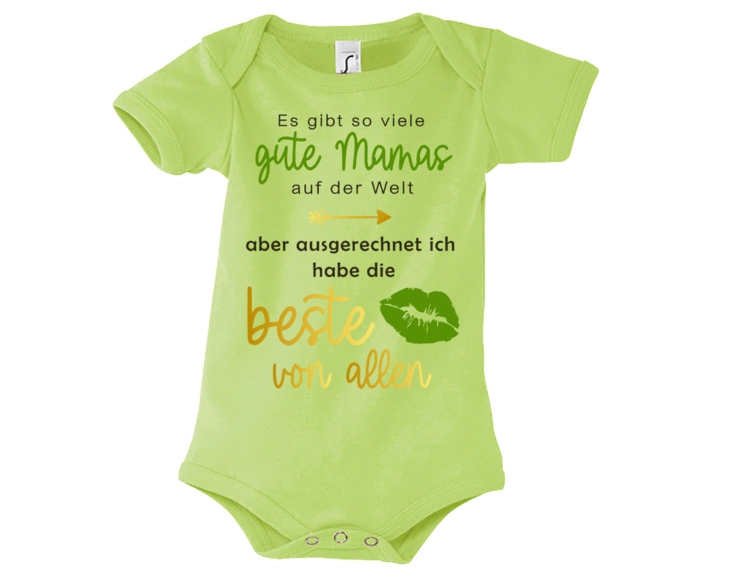 hellgrüner Babybody bedruckt mit Ich habe die beste Mama von allen, in gold metallic