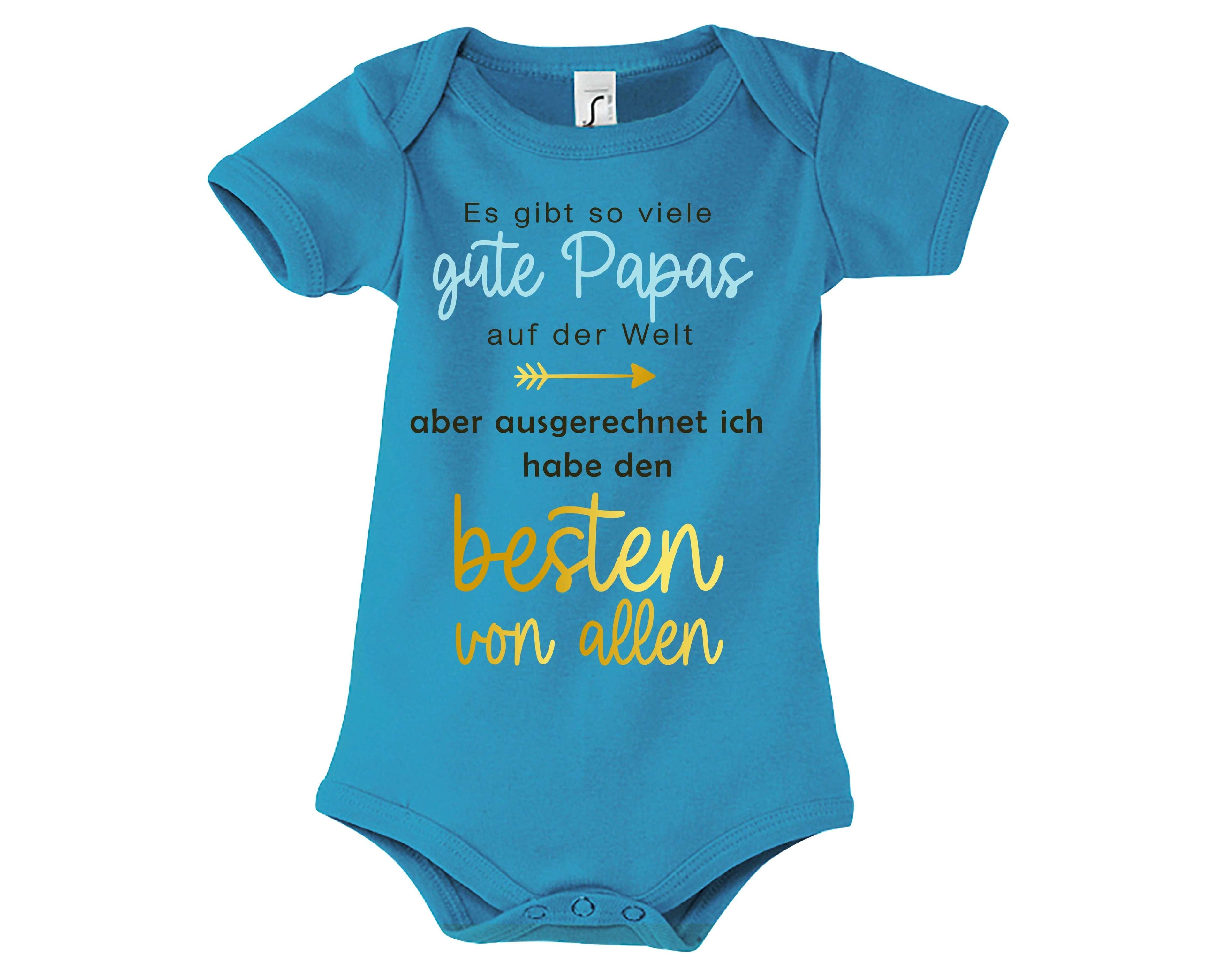 hellblauer Babybody bedruckt mit Ich habe den besten Papa von allen, in gold metallic