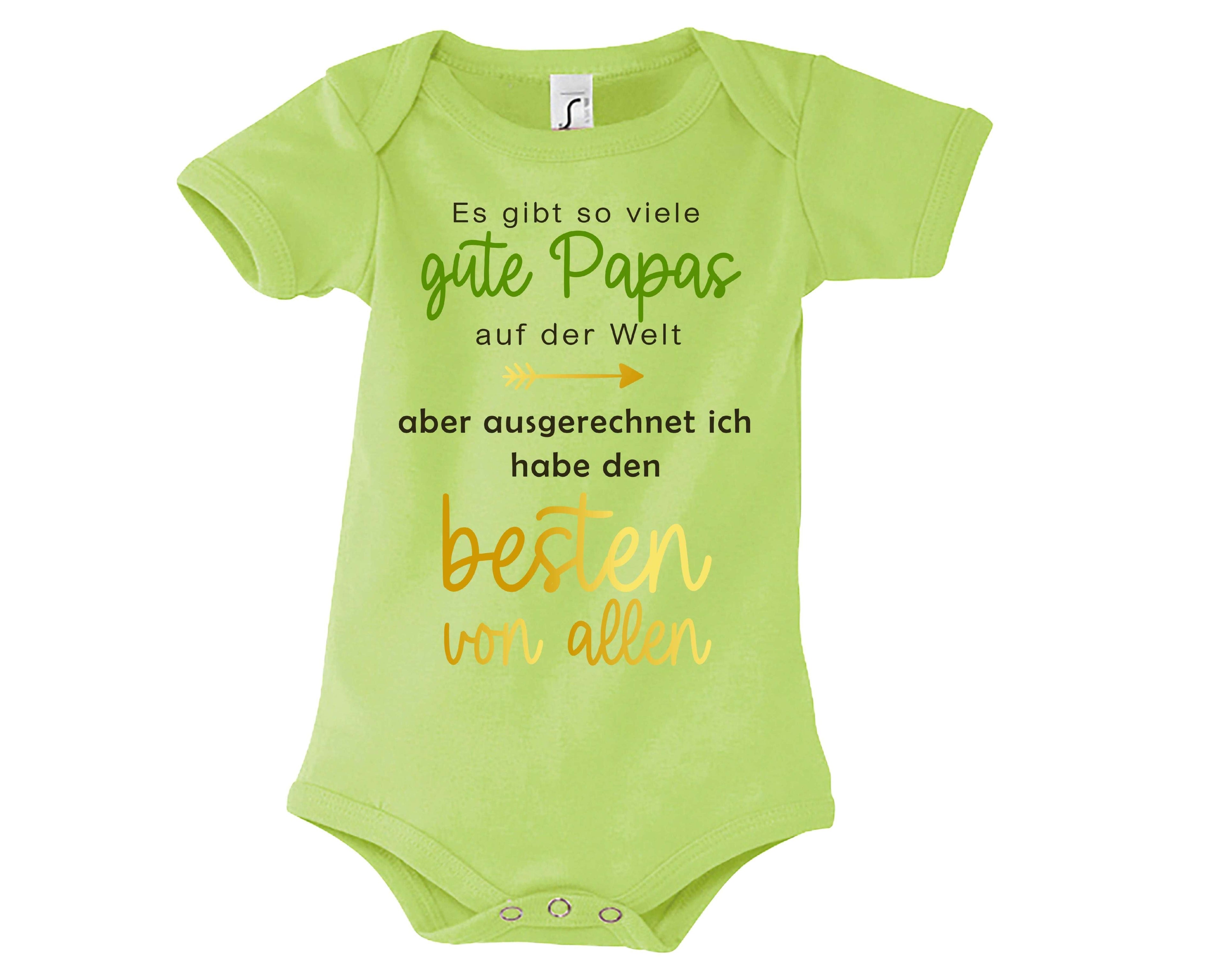 hellgrüner Babybody bedruckt mit Ich habe den besten Papa von allen, in gold metallic